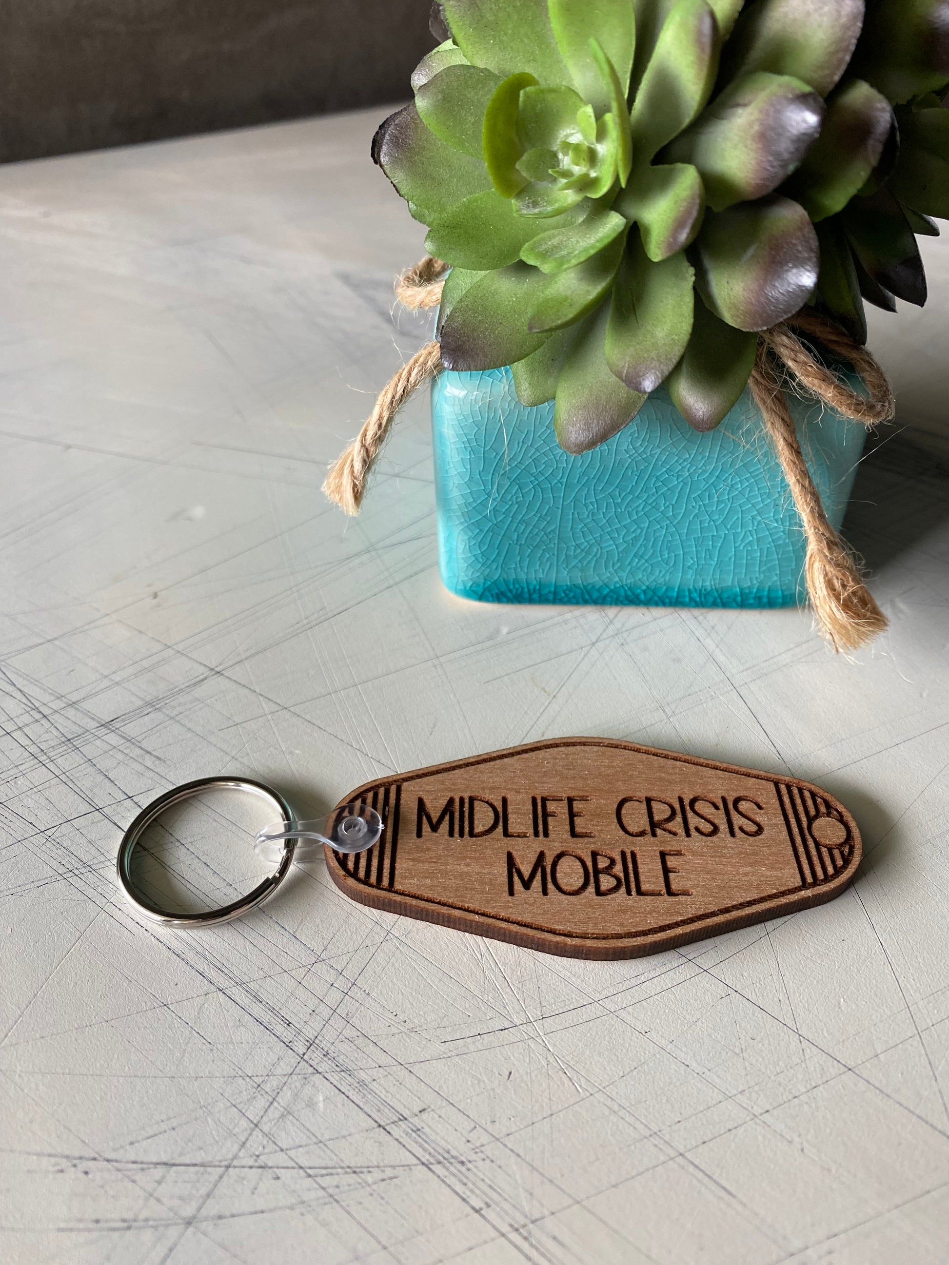 Midlife Crisis Mobile - wood keychain - Novotny Designs - motel style keychain