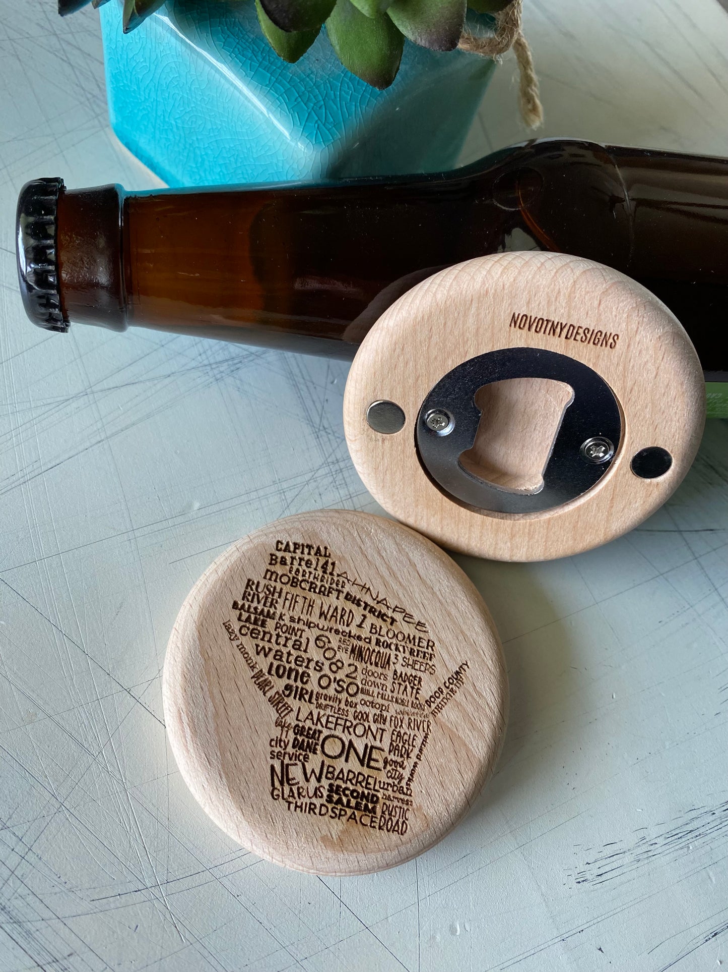 Wisconsin breweries - engraved magnetic wood bottle opener