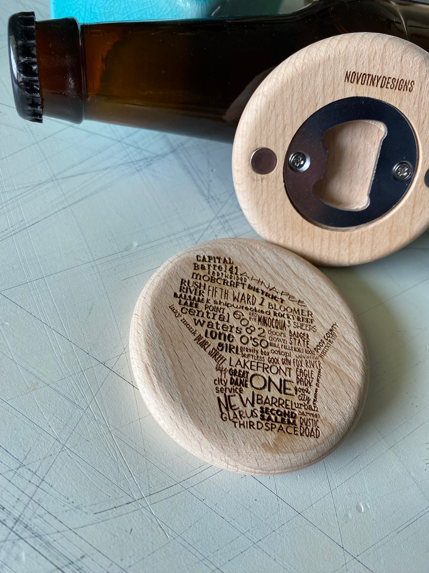 Wisconsin breweries - engraved magnetic wood bottle opener