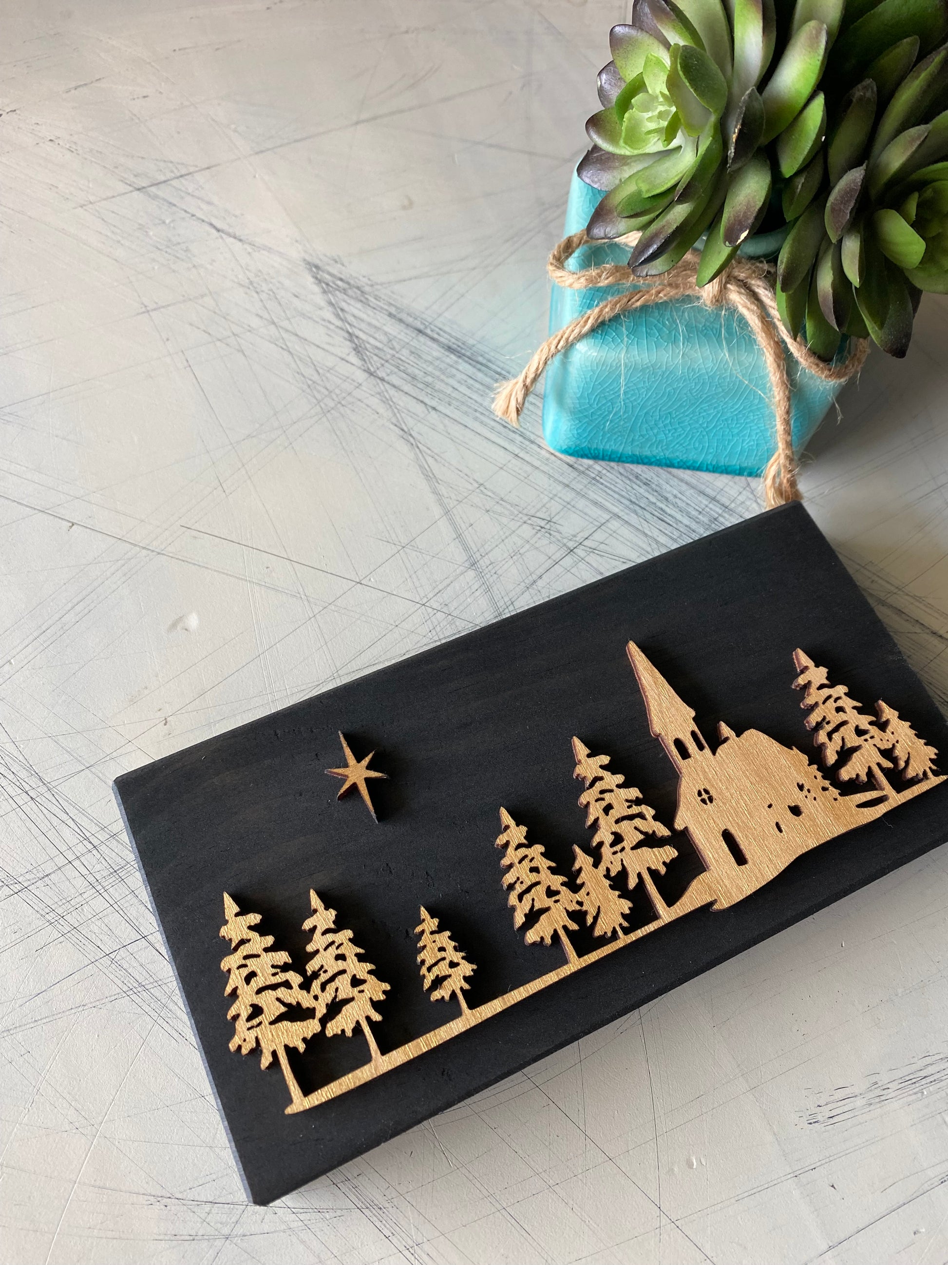 Christmas church scene - handmade mini wood sign - Novotny Designs