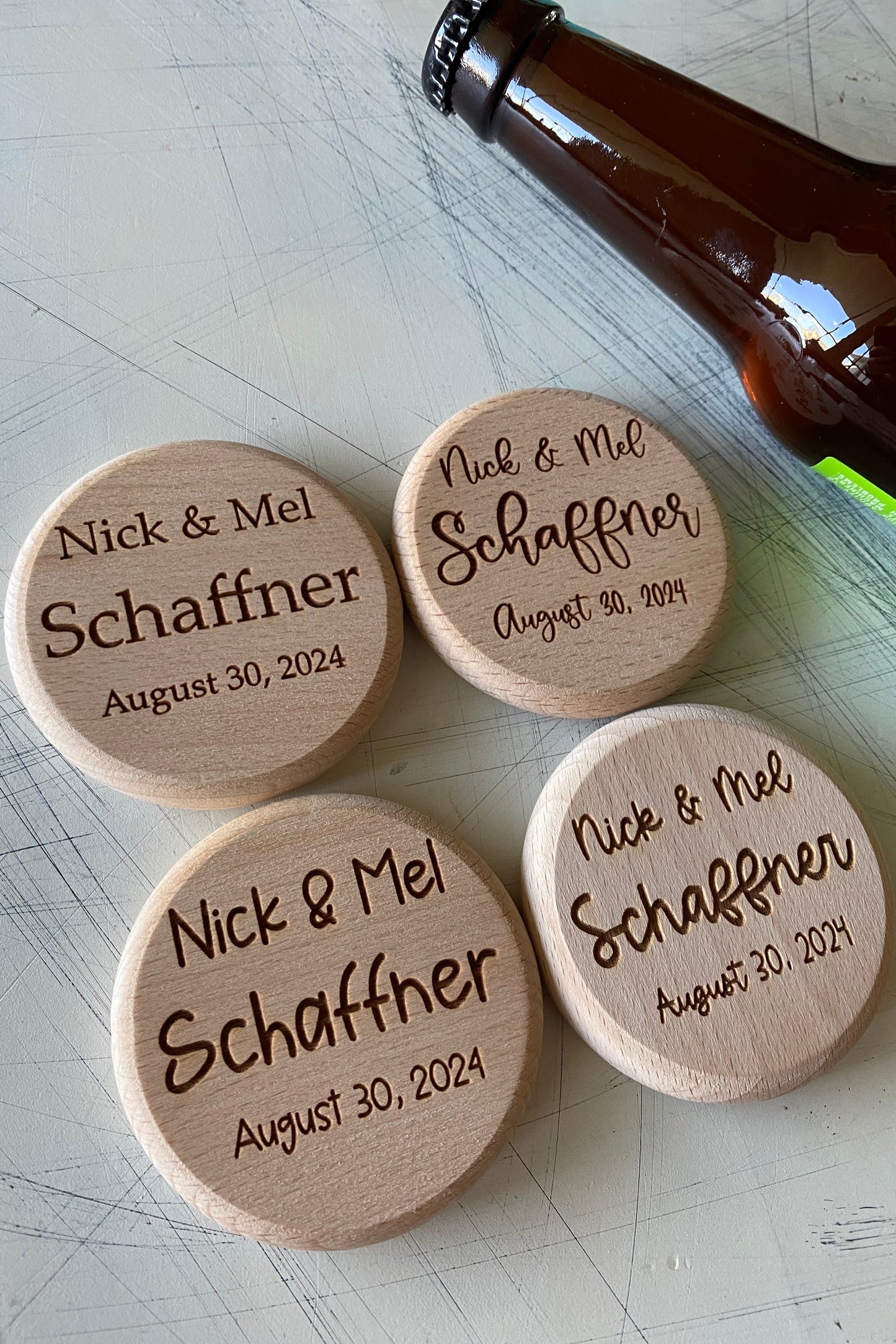 Customized bottle opener wedding favors - Novotny Designs - engraved wood magnetic opener