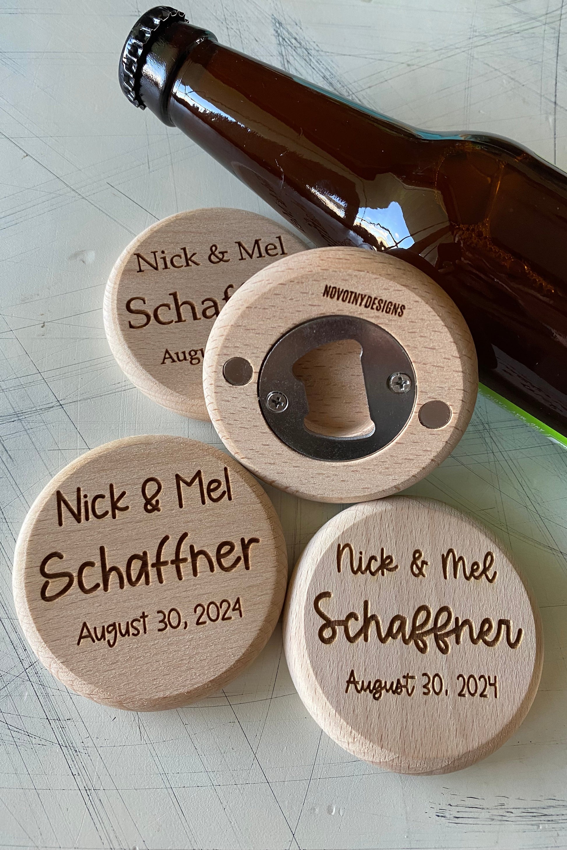 Customized bottle opener wedding favors - Novotny Designs - engraved wood magnetic opener