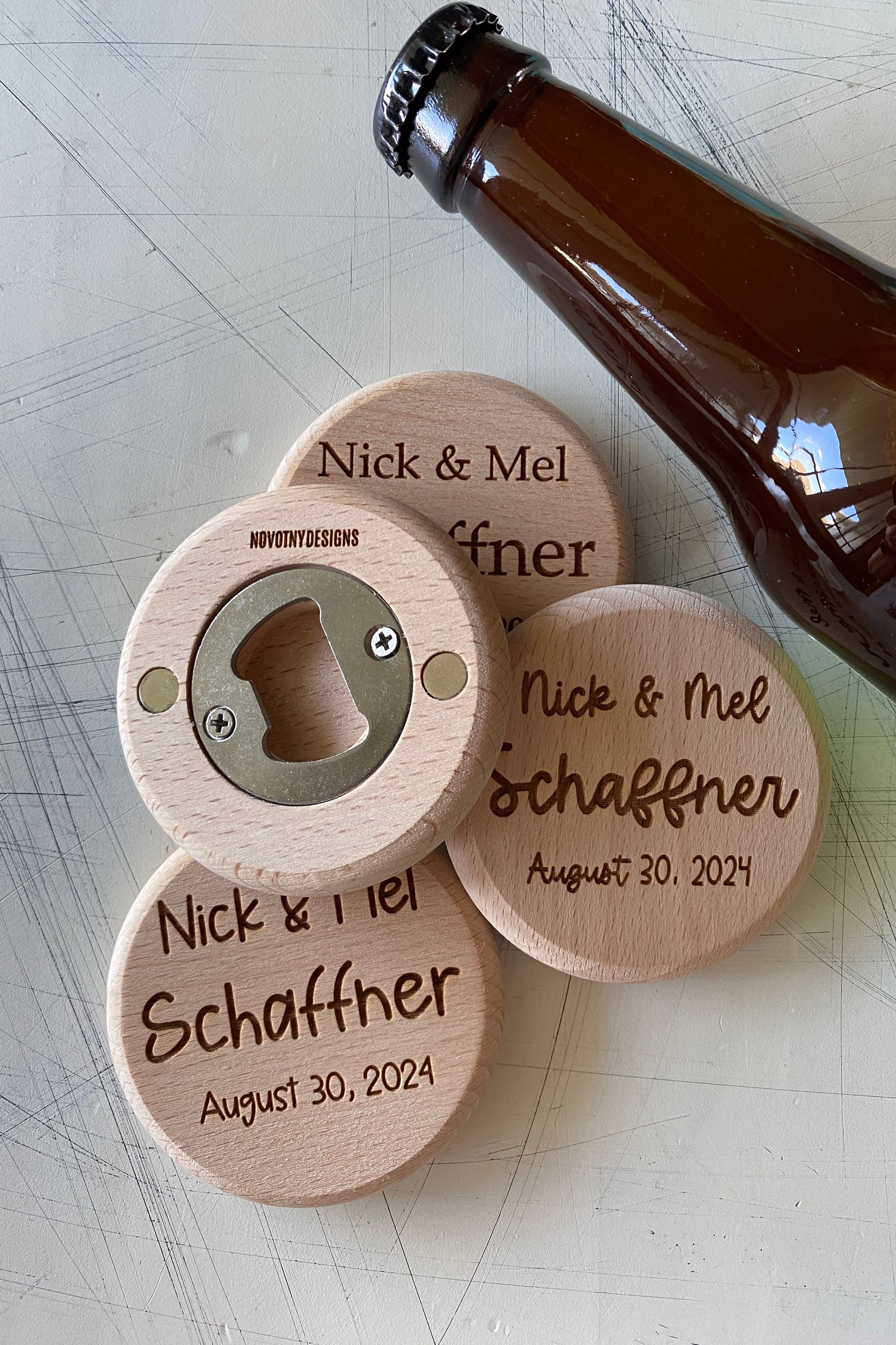 Customized bottle opener wedding favors - Novotny Designs - engraved wood magnetic opener