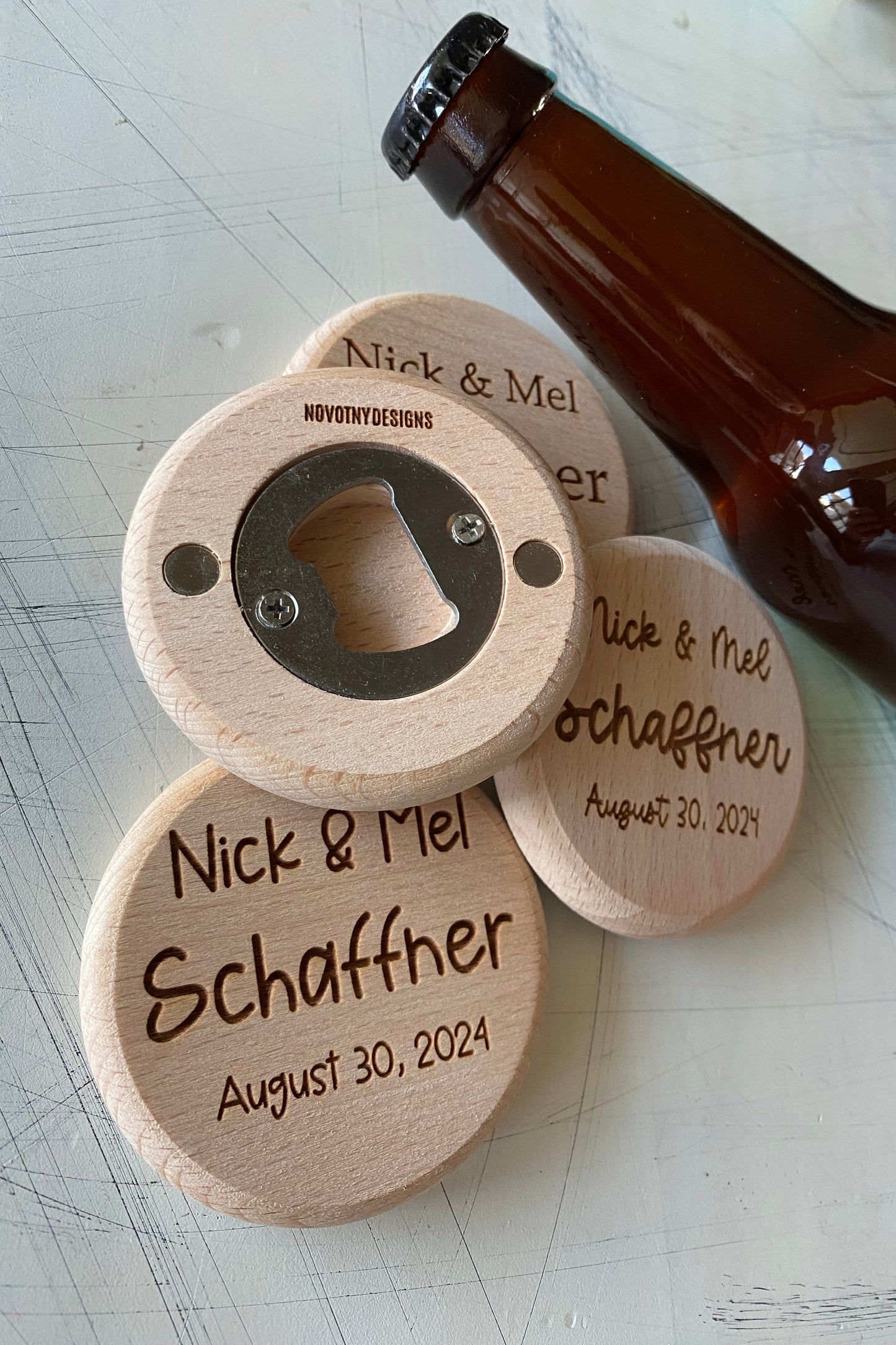 Customized bottle opener wedding favors - Novotny Designs - engraved wood magnetic opener