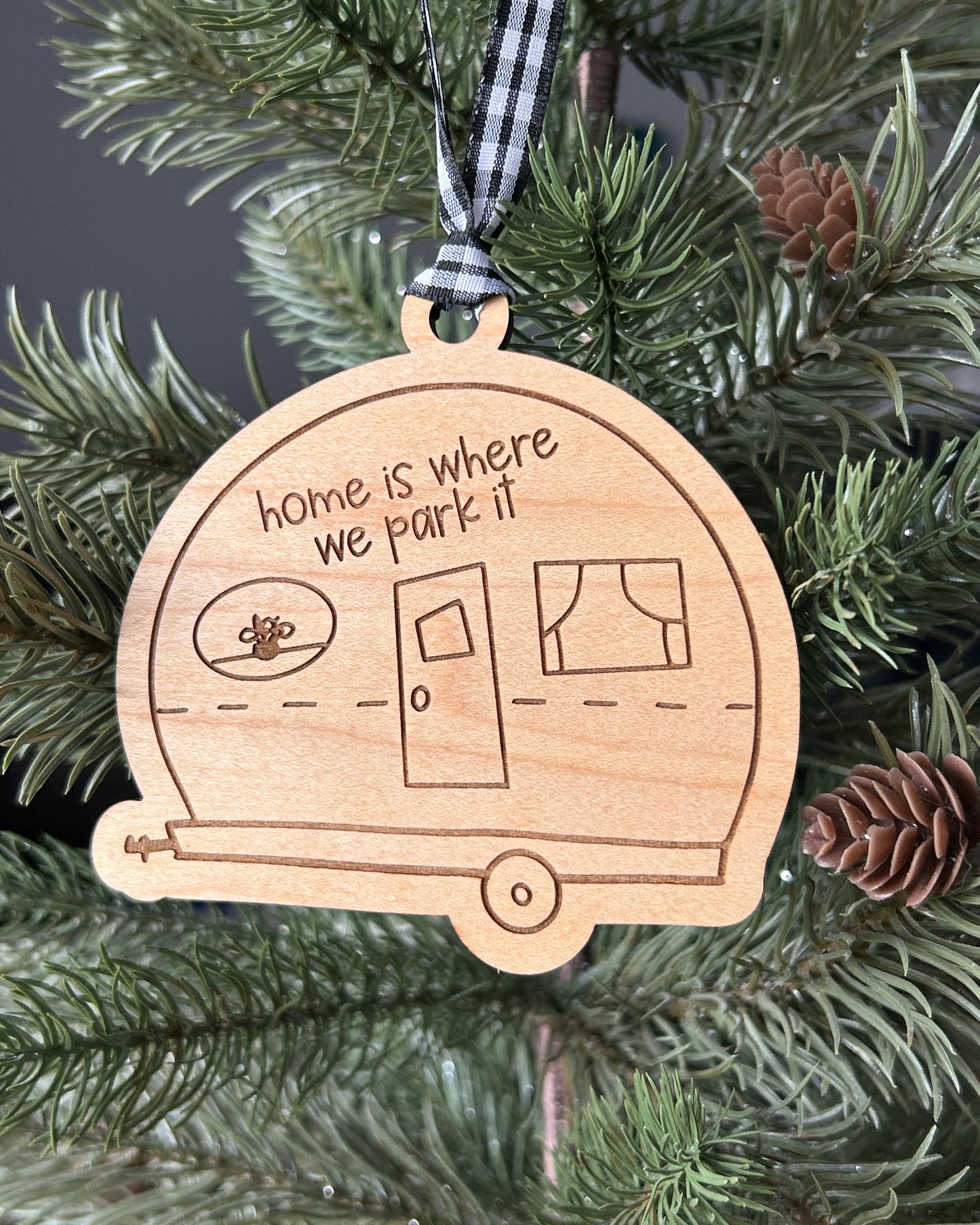 Home is where we park it - wood ornament in the shape of a camper doodle by Novotny Designs