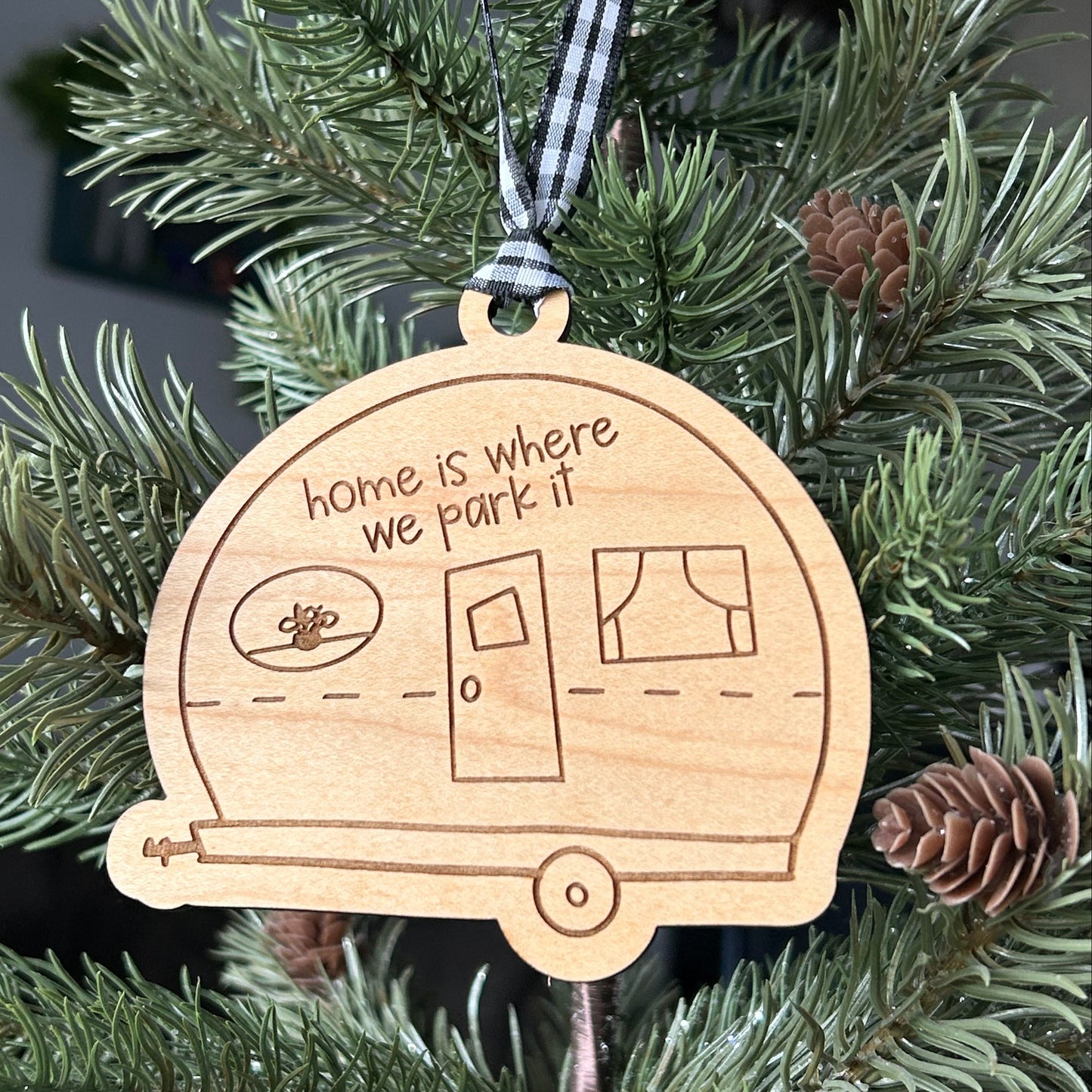 Home is where we park it - wood ornament in the shape of a camper doodle by Novotny Designs