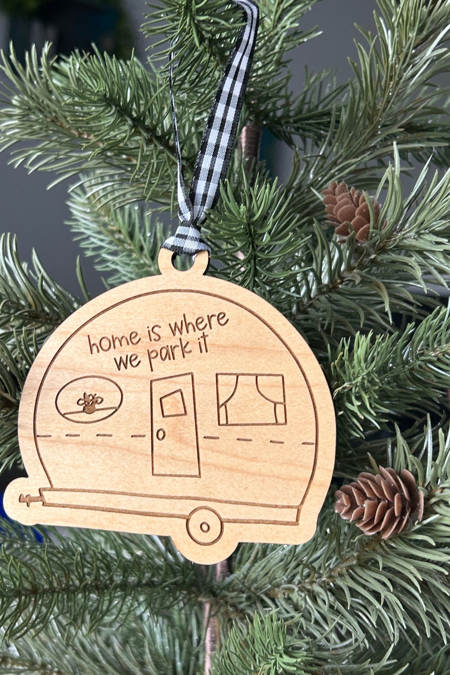 Home is where we park it - wood ornament in the shape of a camper doodle by Novotny Designs