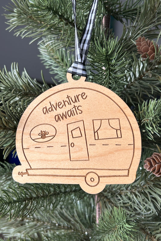 Adventure awaits - wood ornament in the shape of a camper doodle by Novotny Designs
