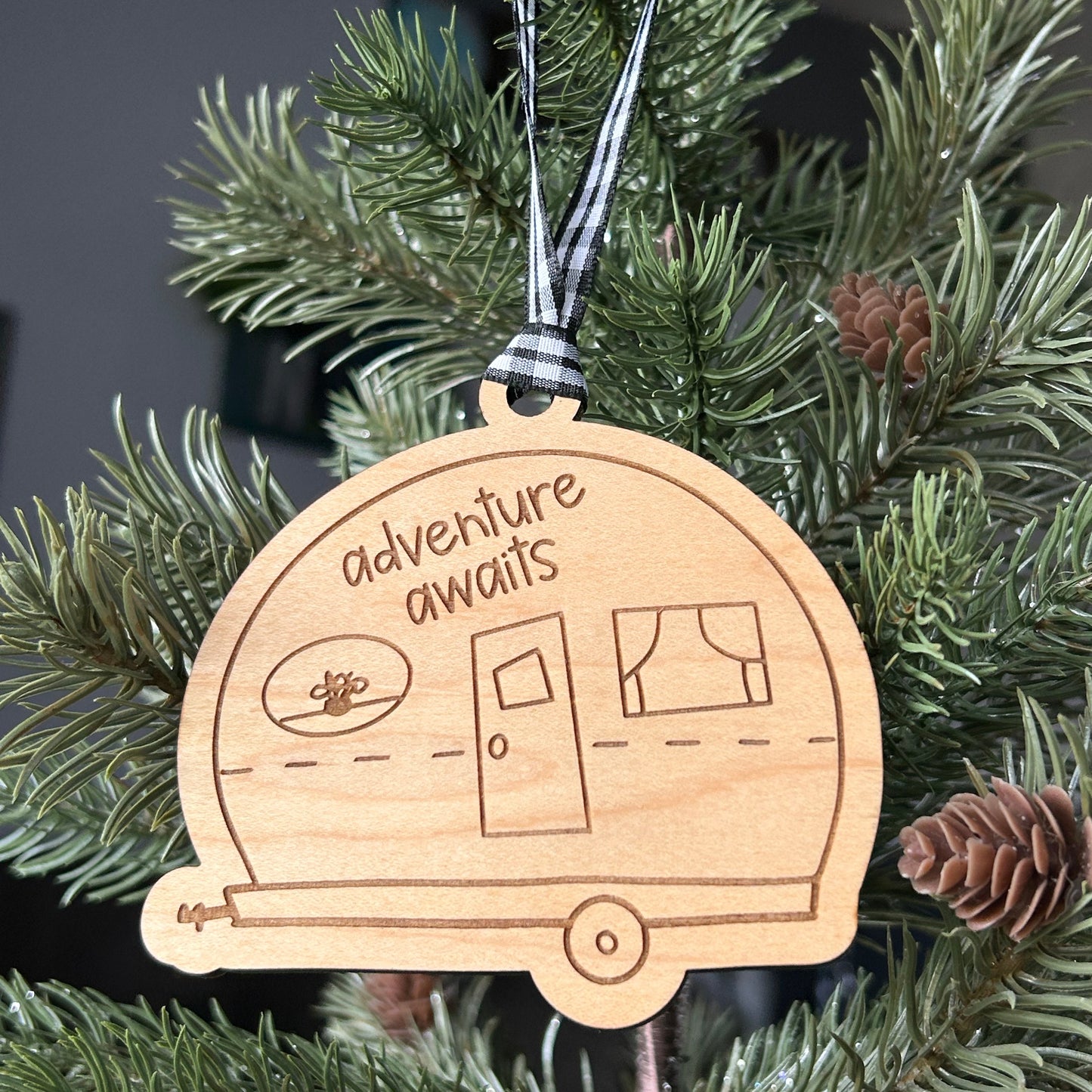Adventure awaits - wood ornament in the shape of a camper doodle by Novotny Designs