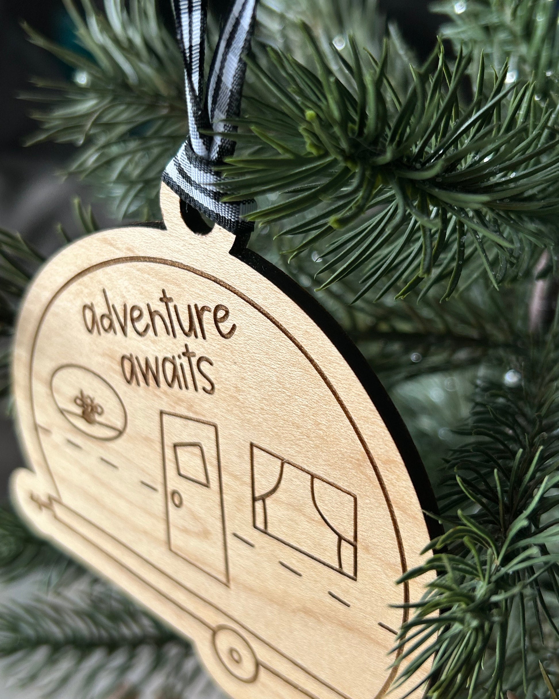 Adventure awaits - wood ornament in the shape of a camper doodle by Novotny Designs