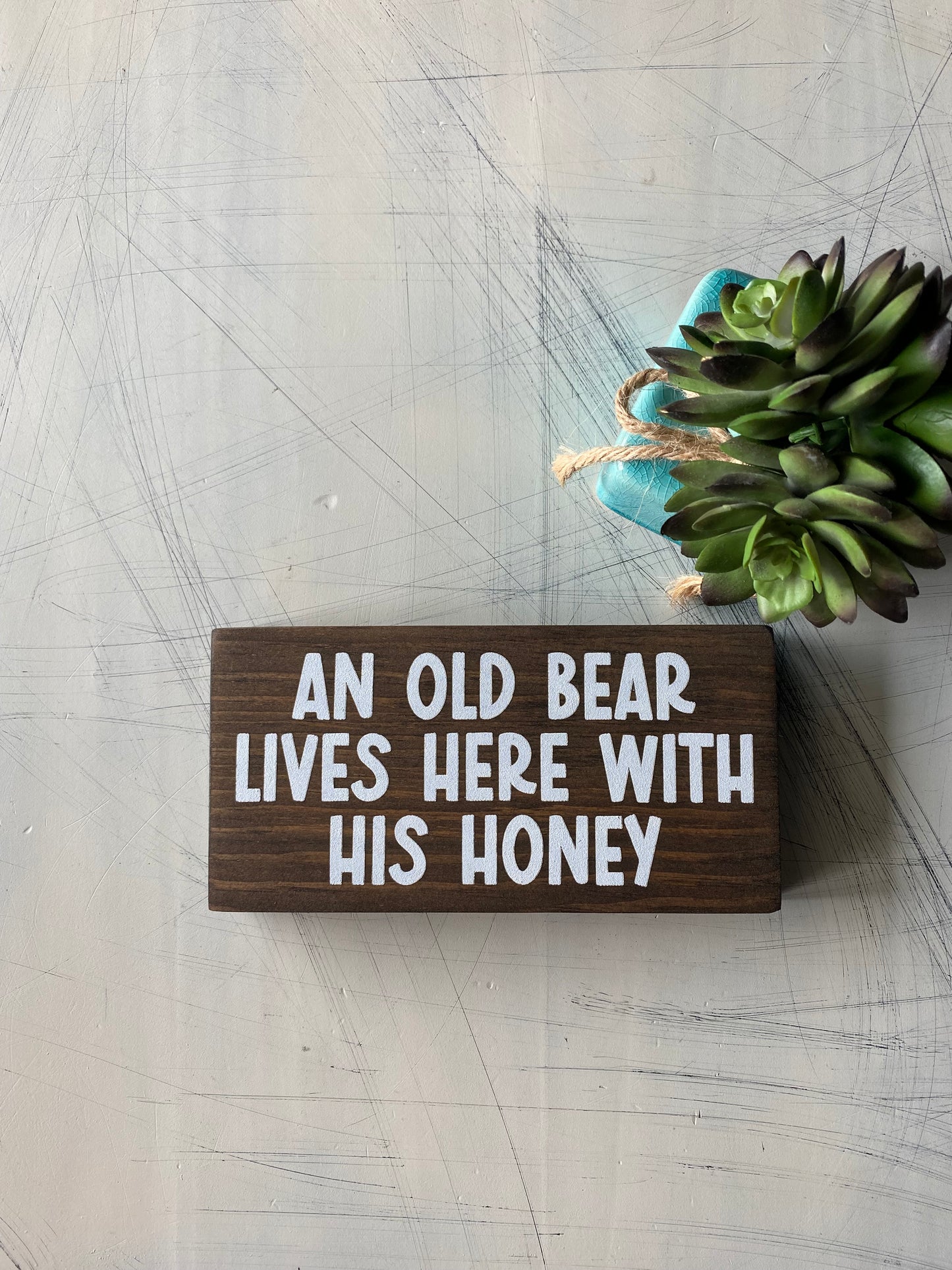 An old bear lives here with his honey. - choose your pronoun - Novotny Designs handmade mini wood sign