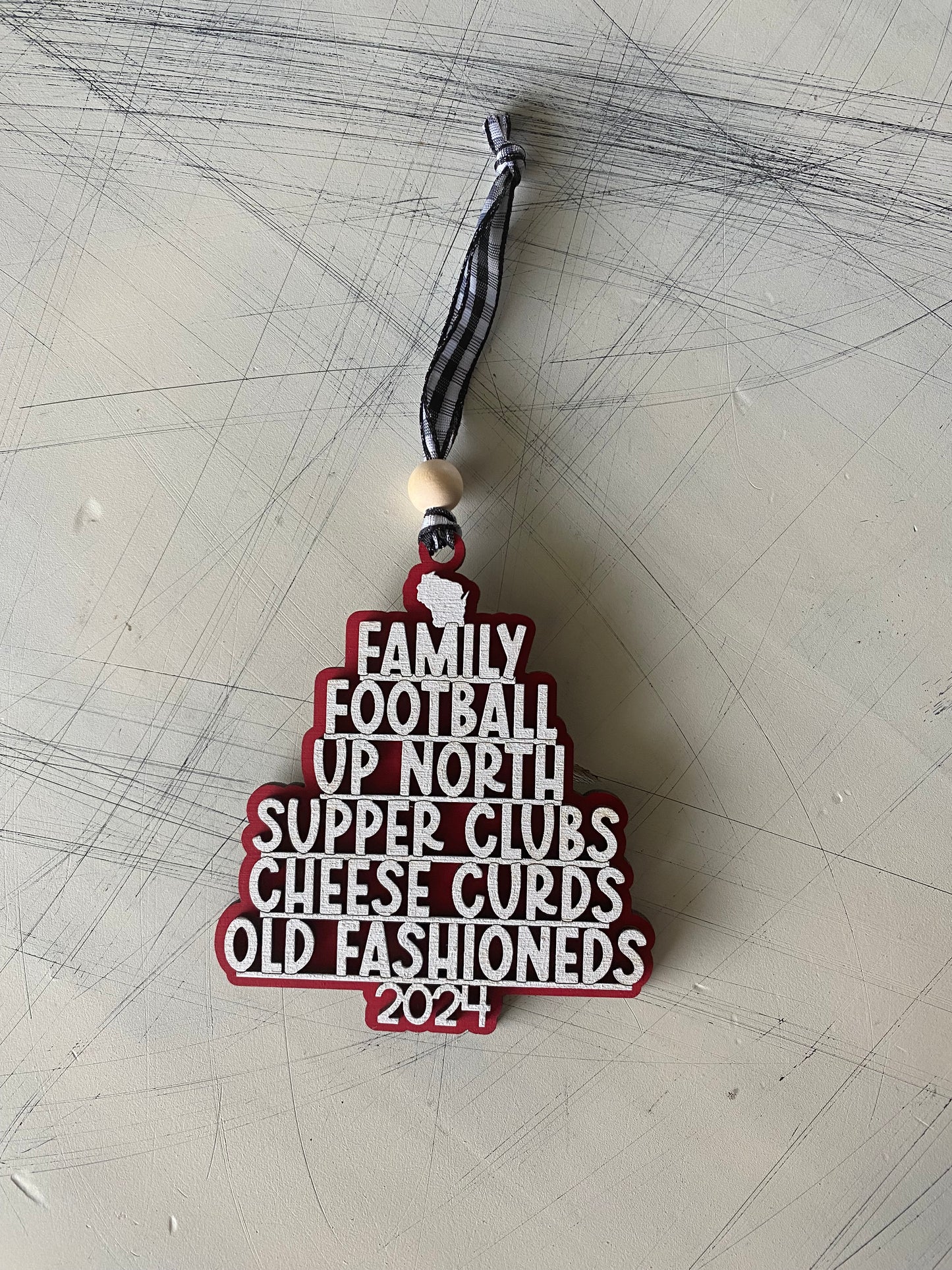 Handmade Wisconsin favorite things ornament - Novotny Designs - red and white with buffalo plaid ribbon