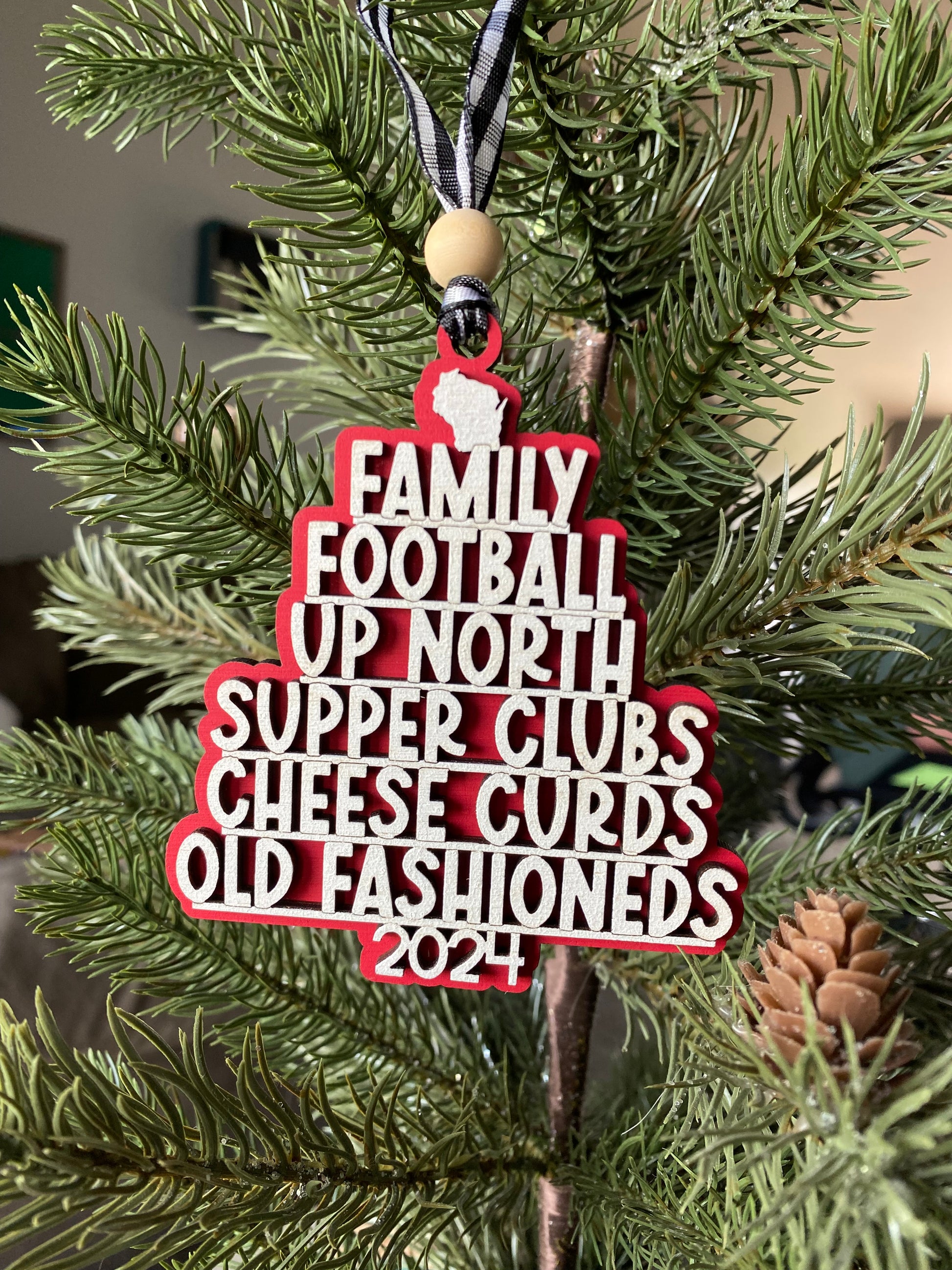 Handmade Wisconsin favorite things ornament - Novotny Designs - red and white with buffalo plaid ribbon