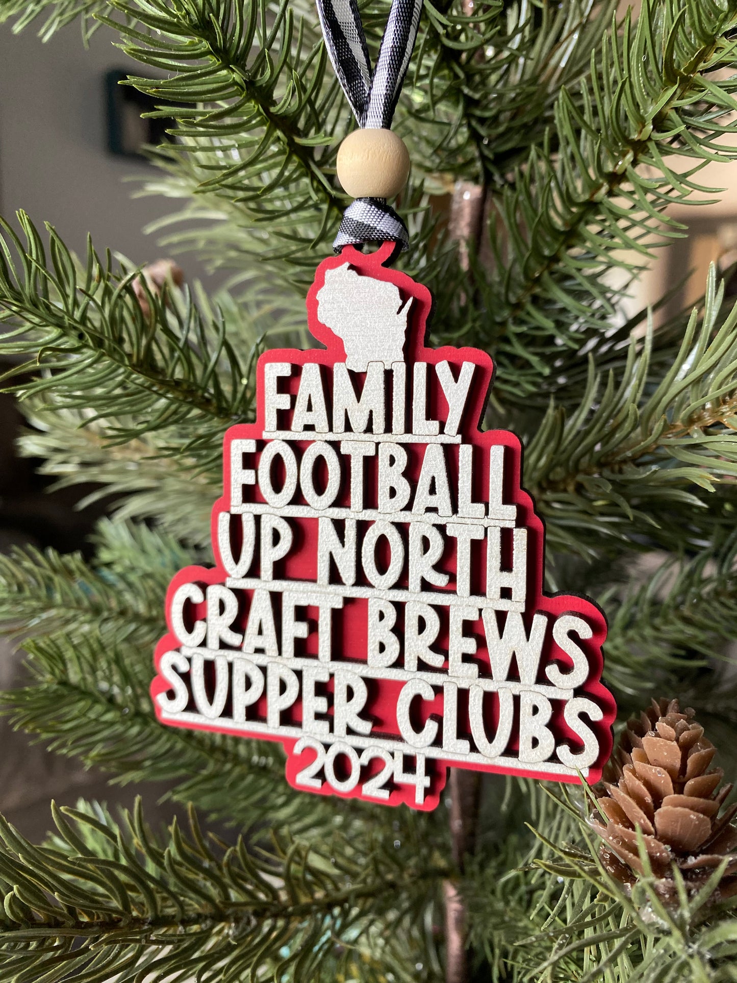 Handmade Wisconsin favorite things word ornament - Novotny Designs - red