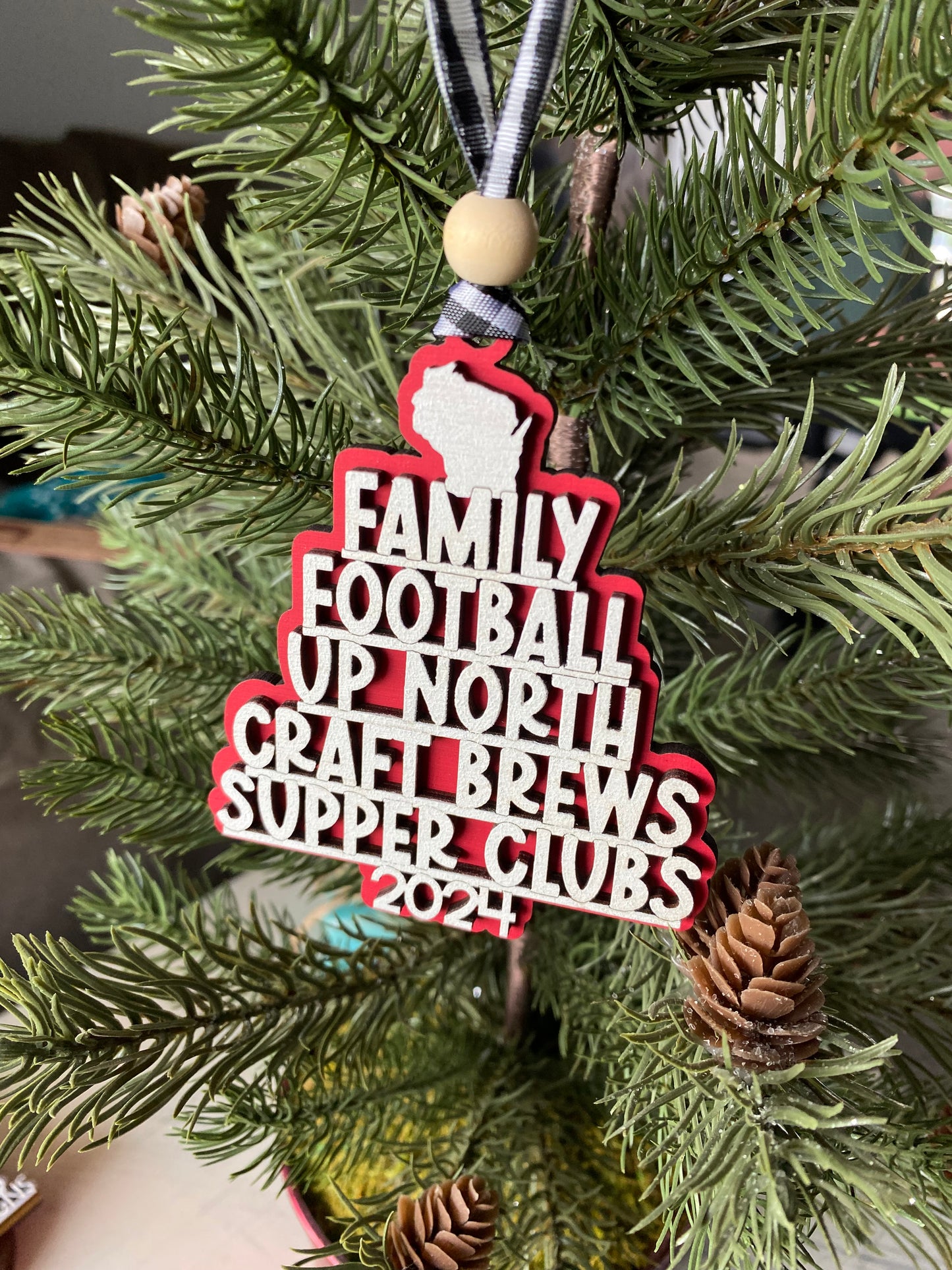 Handmade Wisconsin favorite things word ornament - Novotny Designs - red