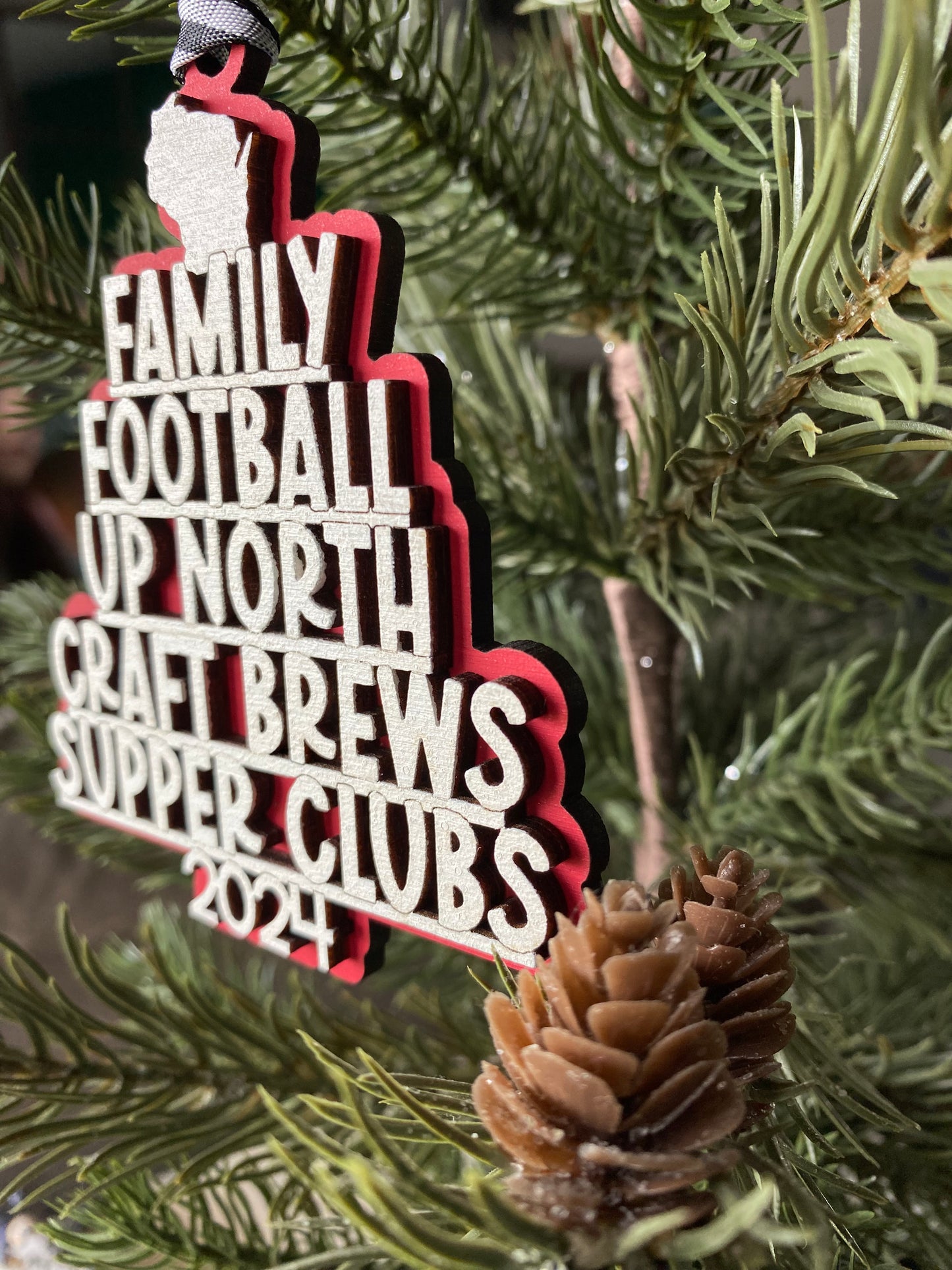 Handmade Wisconsin favorite things word ornament - Novotny Designs - red