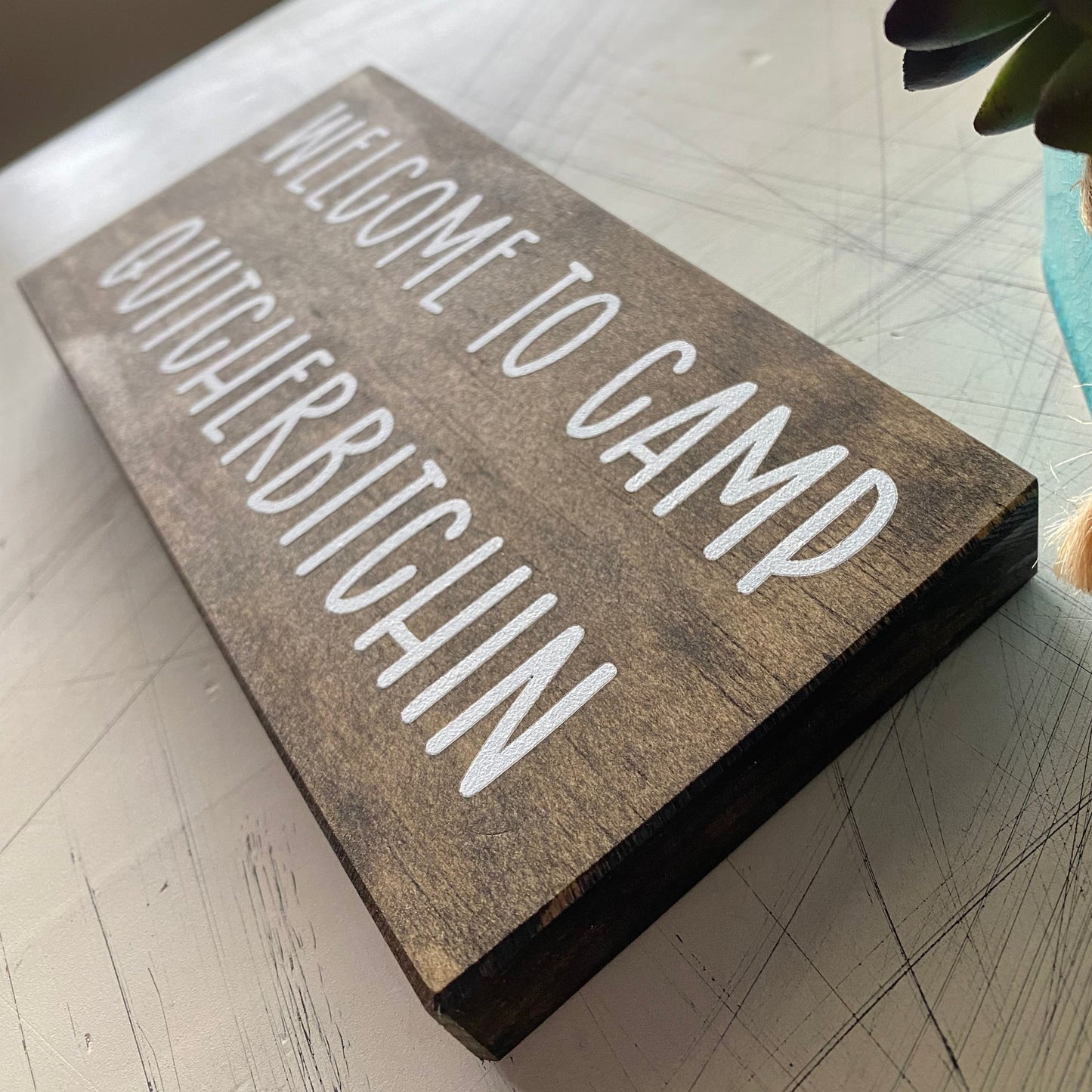 Welcome to Camp Quitcherbitchin - Novotny Designs handmade mini wood sign in mocha