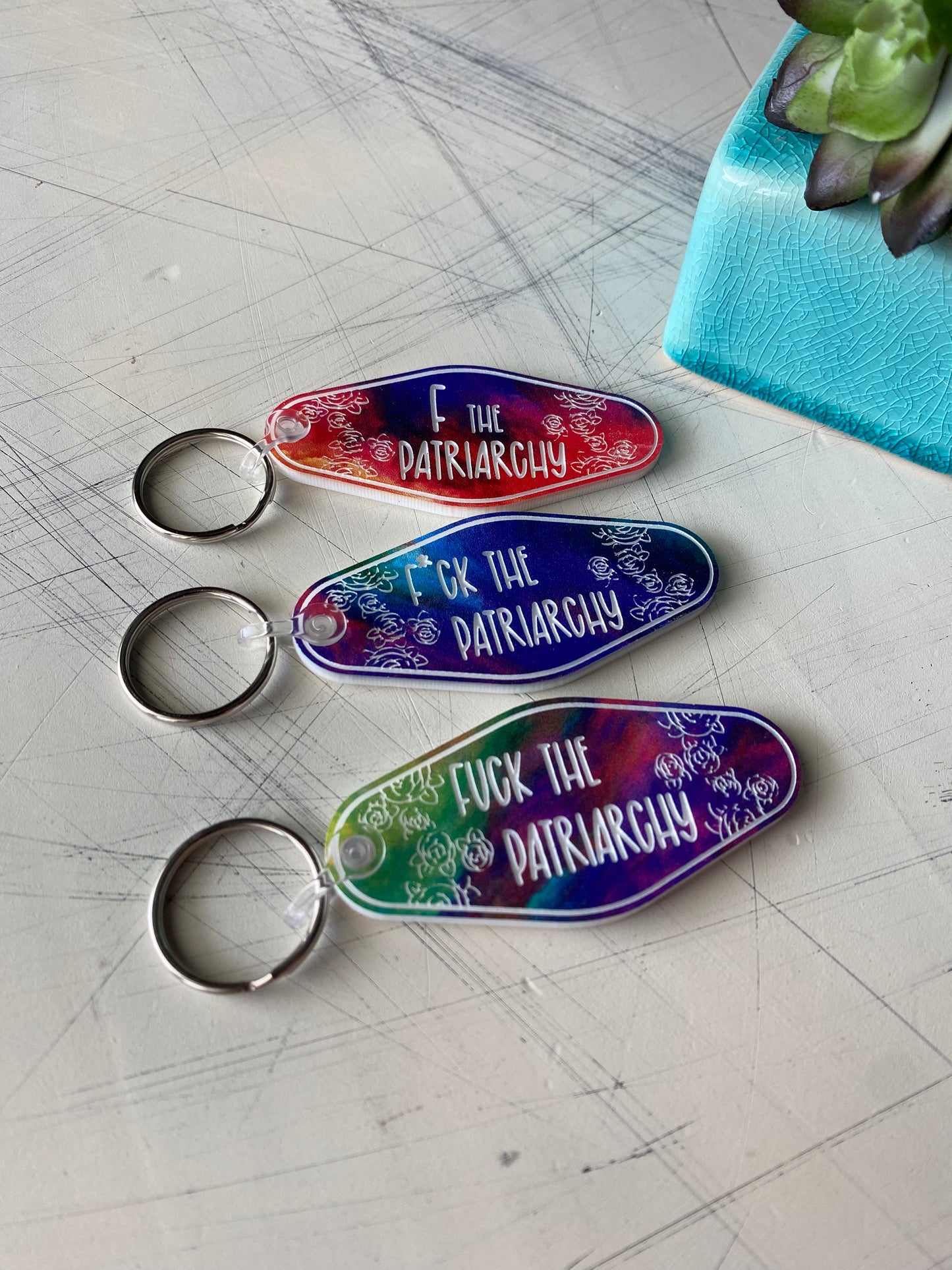 fuck the patriarchy - Novotny Designs - rainbow acrylic motel-style keychain