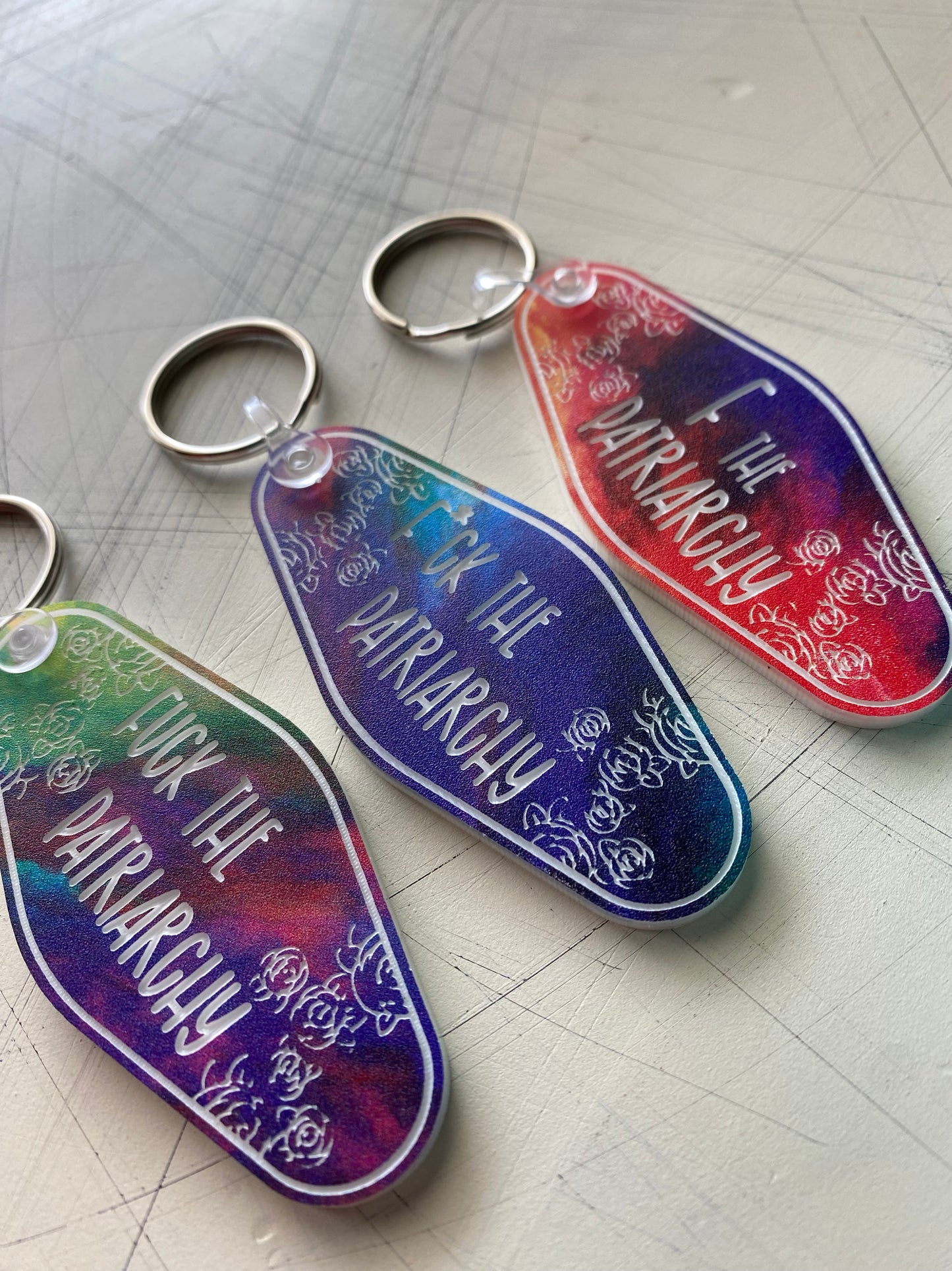 fuck the patriarchy - Novotny Designs - rainbow acrylic motel-style keychain