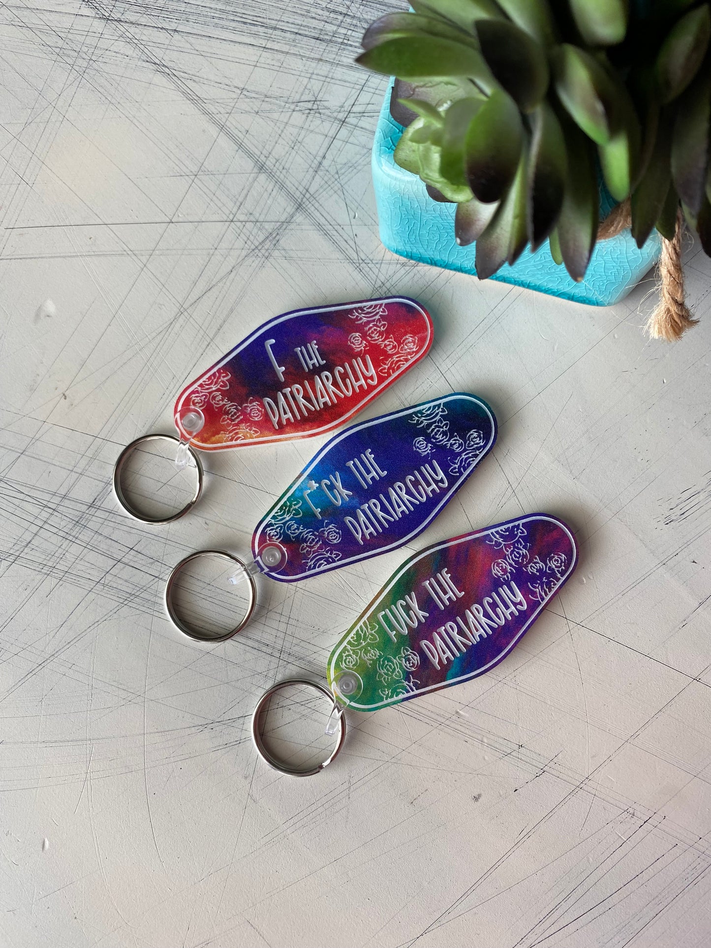 fuck the patriarchy - Novotny Designs - rainbow acrylic motel-style keychain