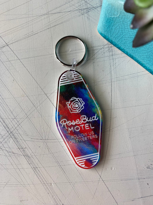 Rosebud Motel - follow us on tweeters - Novotny Designs rainbow acrylic motel-style keychain