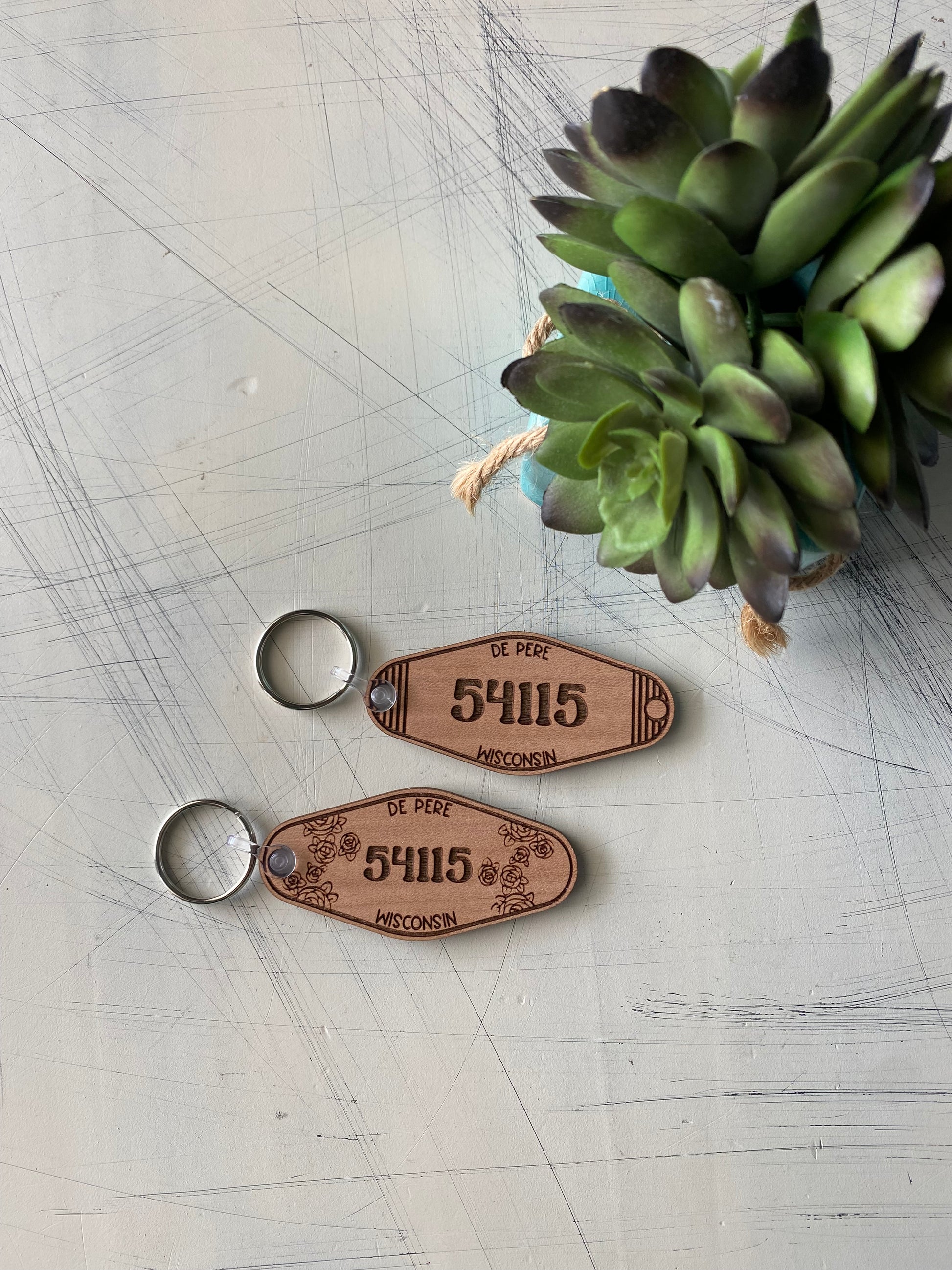 Zip code and city wood motel-style keychains - Novotny Designs - floral or lined - customizable