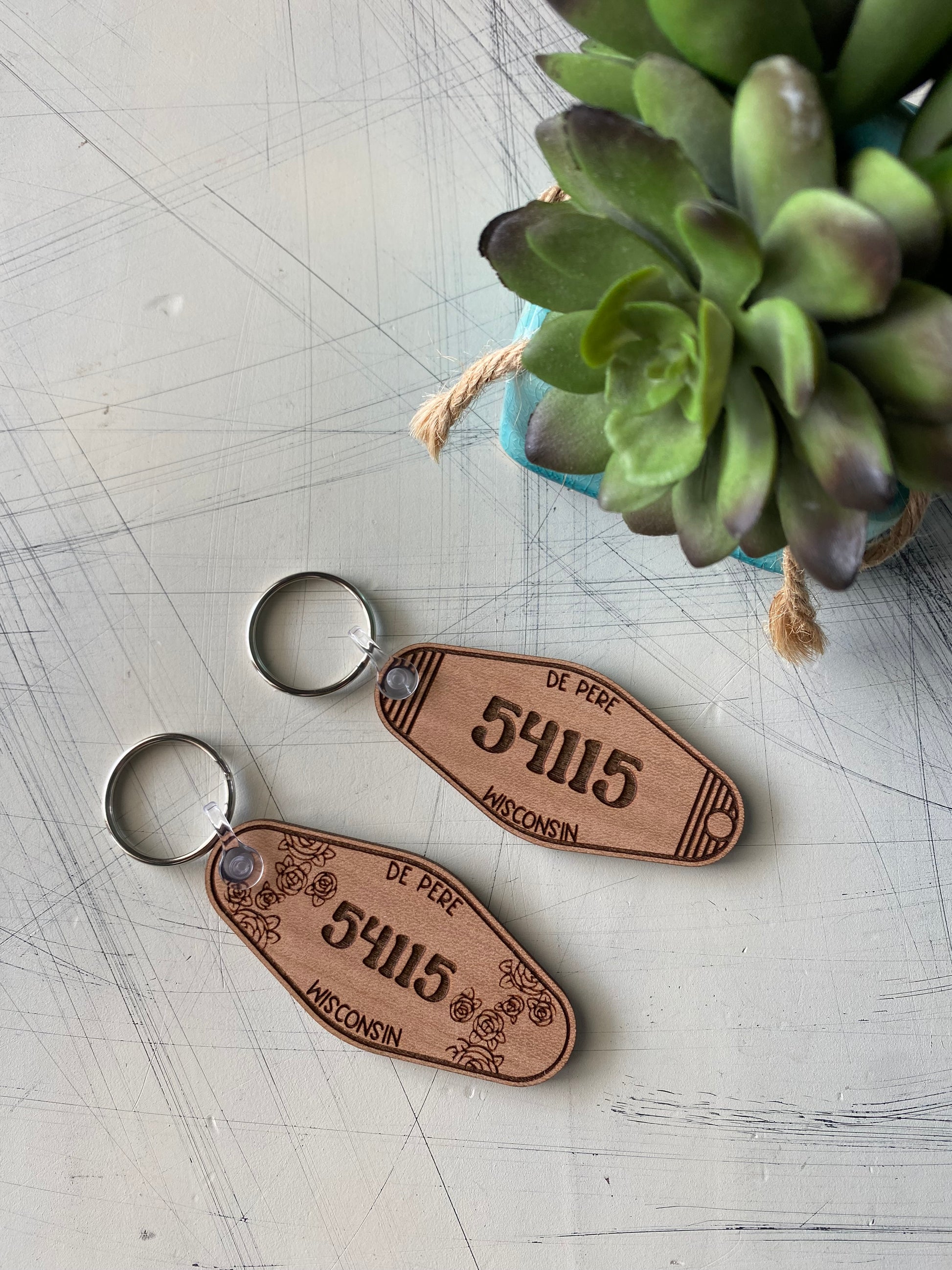 Zip code and city wood motel-style keychains - Novotny Designs - floral or lined - customizable