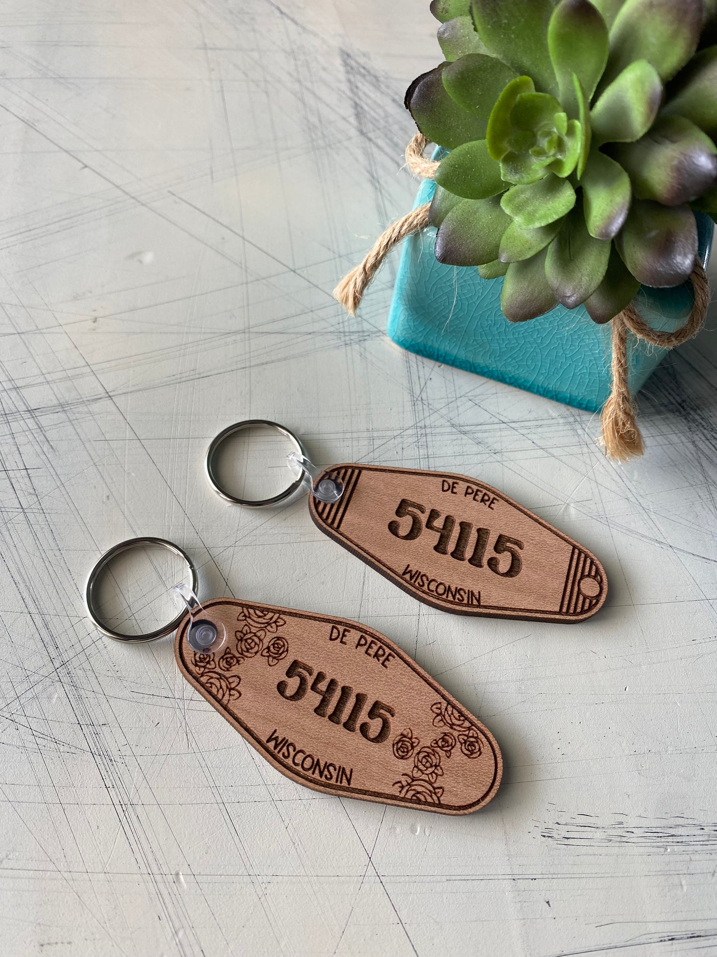 Zip code and city wood motel-style keychains - Novotny Designs - floral or lined - customizable