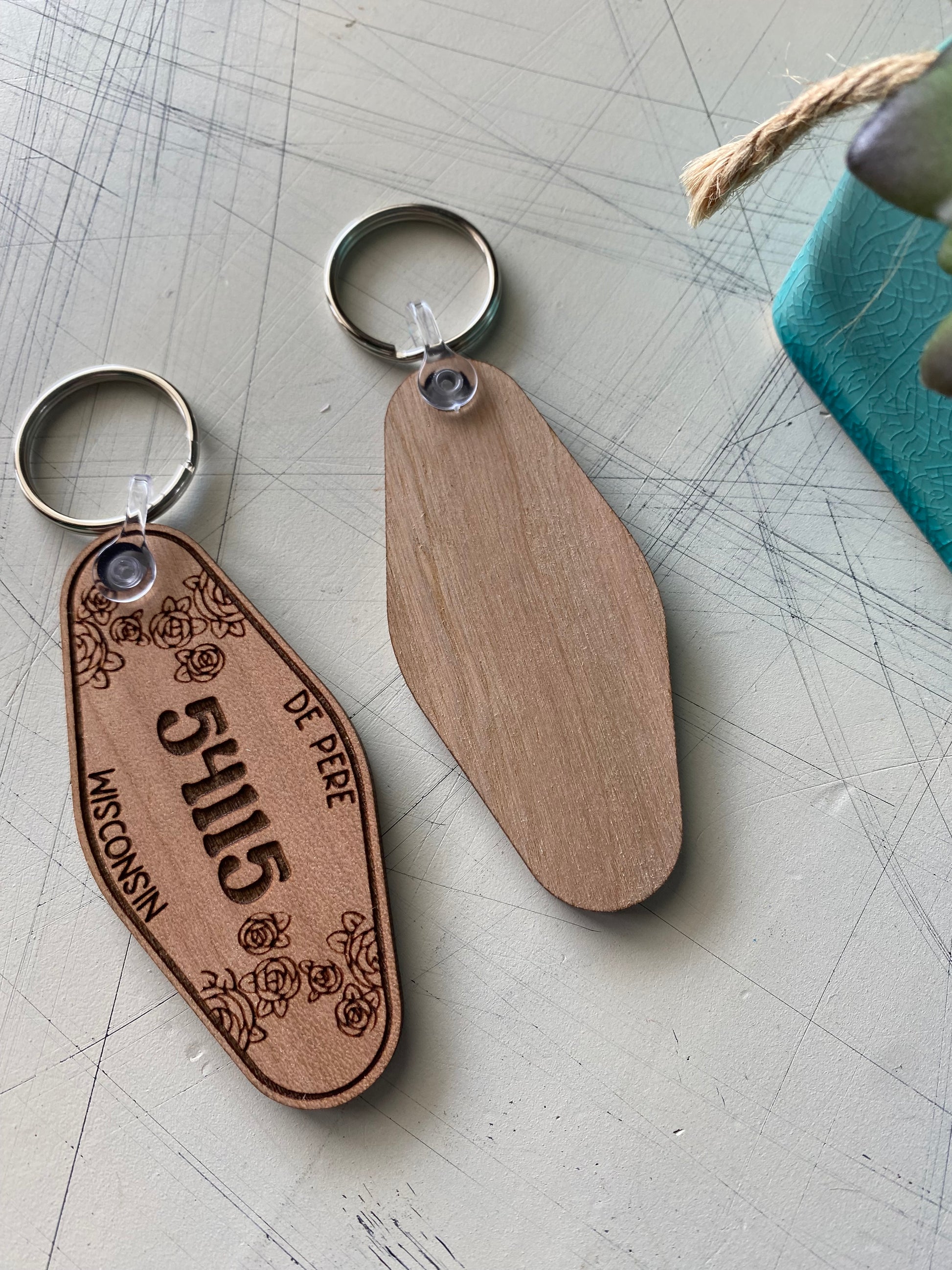 Zip code and city wood motel-style keychains - Novotny Designs - floral or lined - customizable