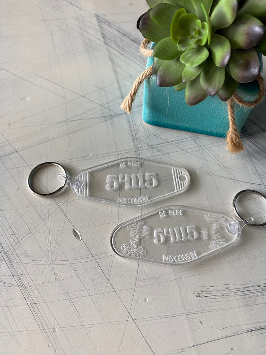 Zip code and city acrylic motel-style keychains - Novotny Designs - floral or lined - customizable