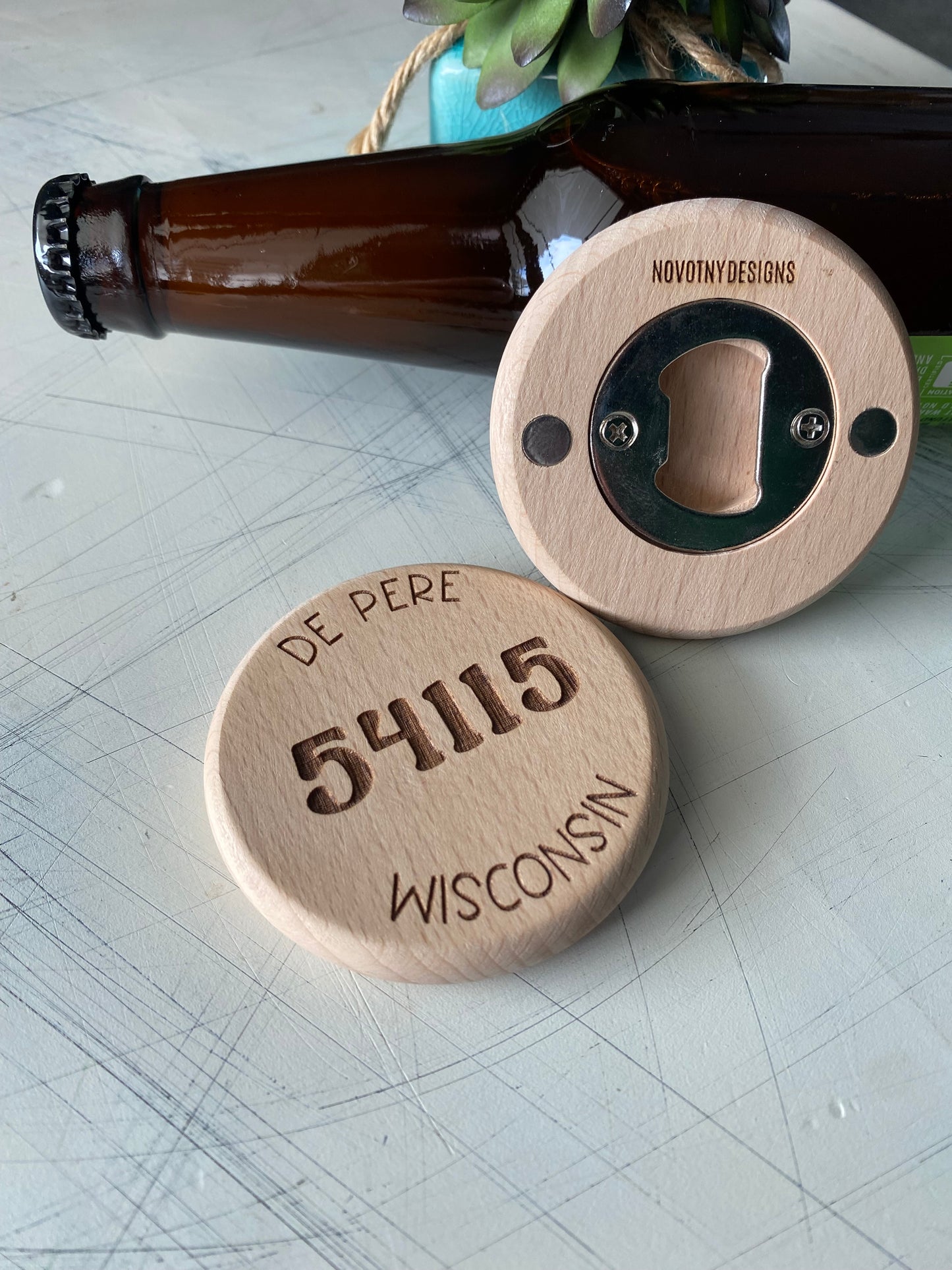 Custom zip code and city magnetic wood bottle opener - Novotny Designs