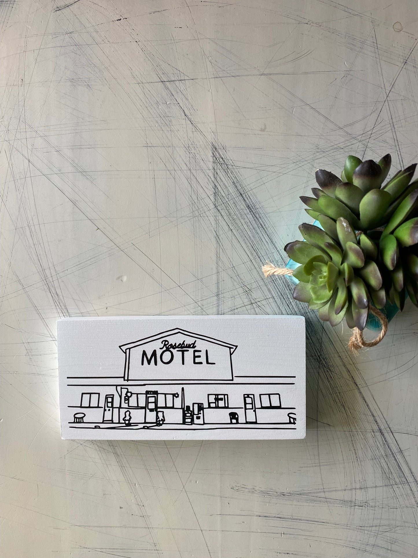 Rosebud Motel - line drawing - handmade mini wood sign