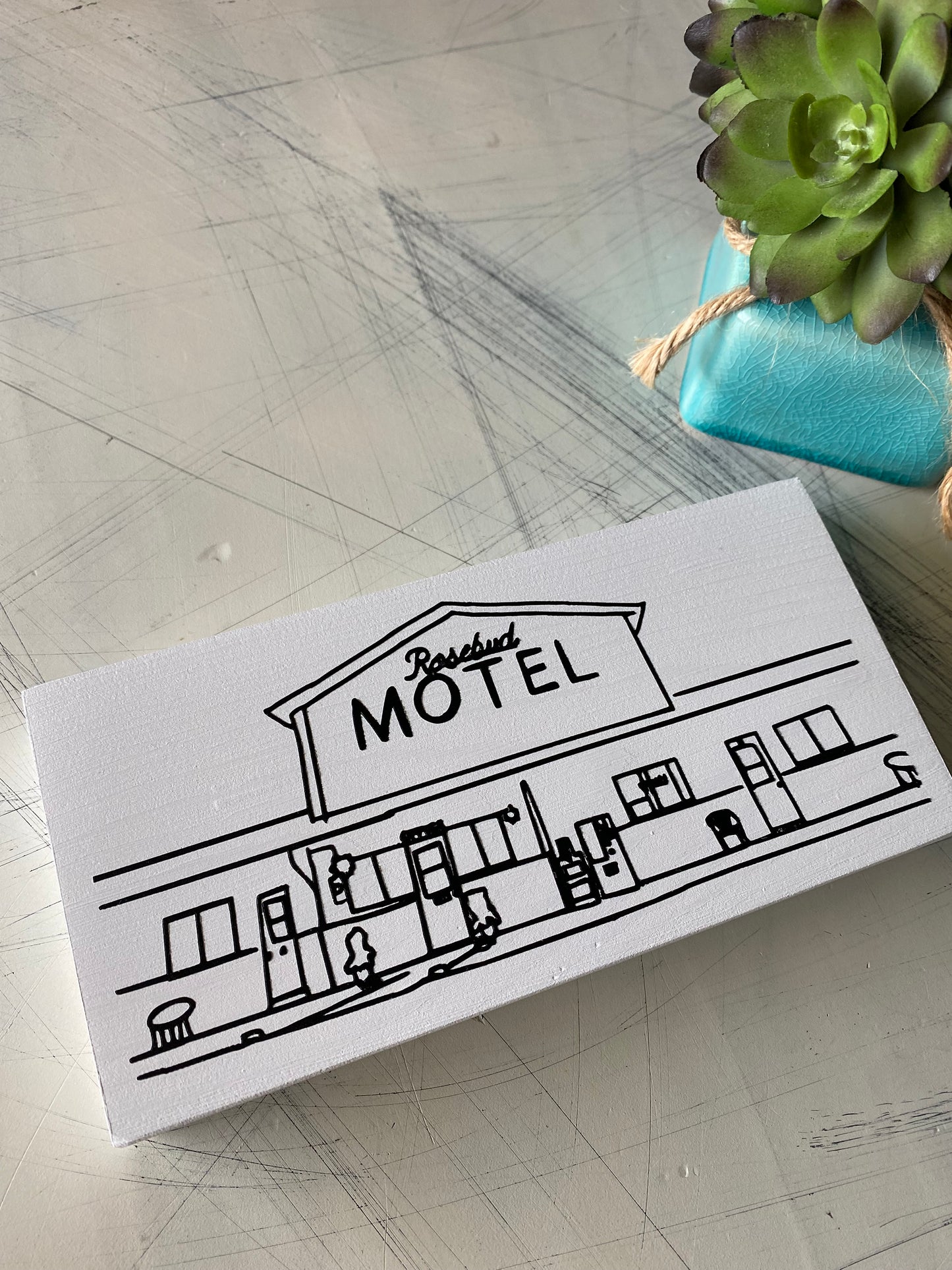 Rosebud Motel - line drawing - handmade mini wood sign