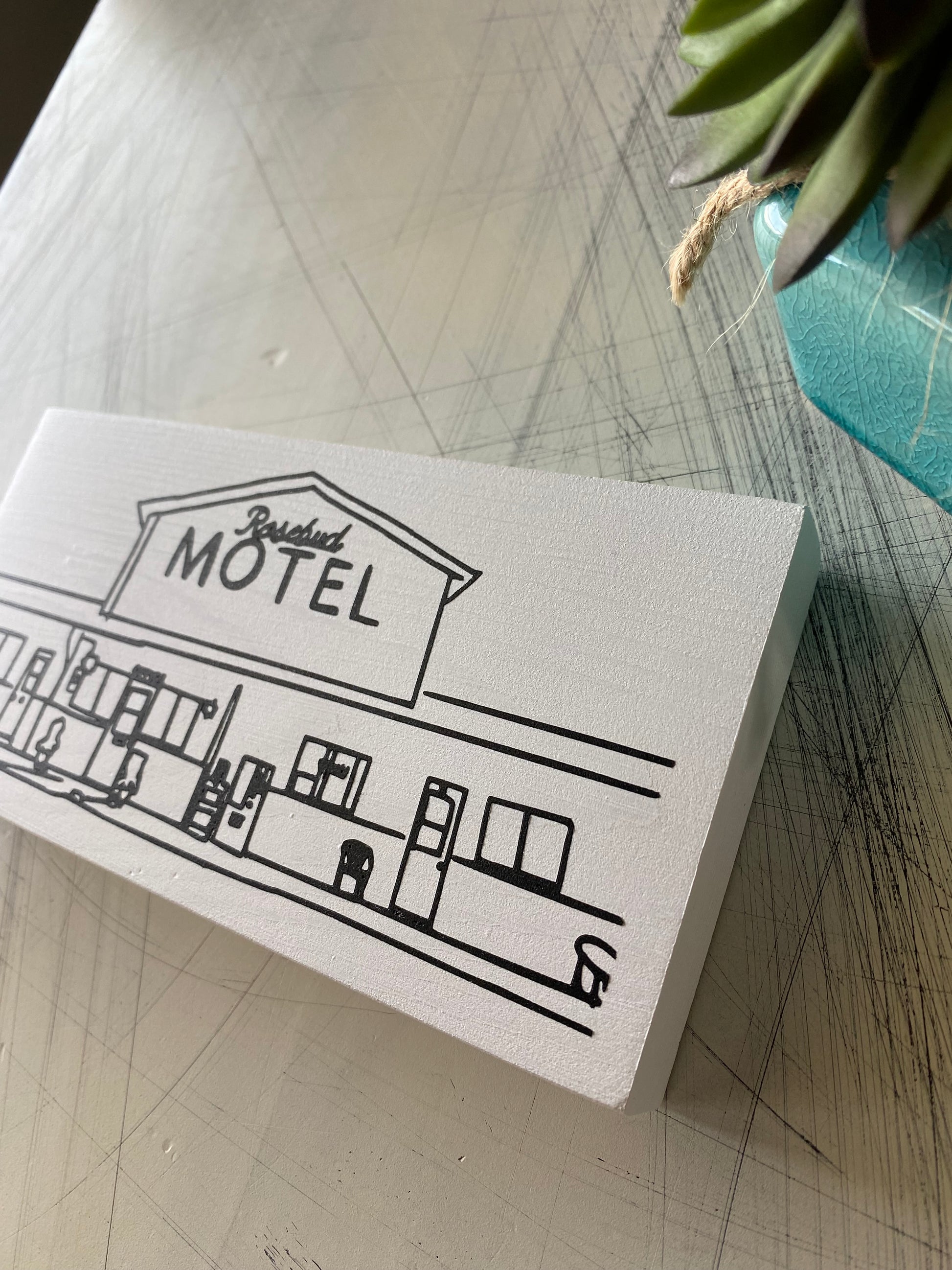 Rosebud Motel - line drawing - handmade mini wood sign