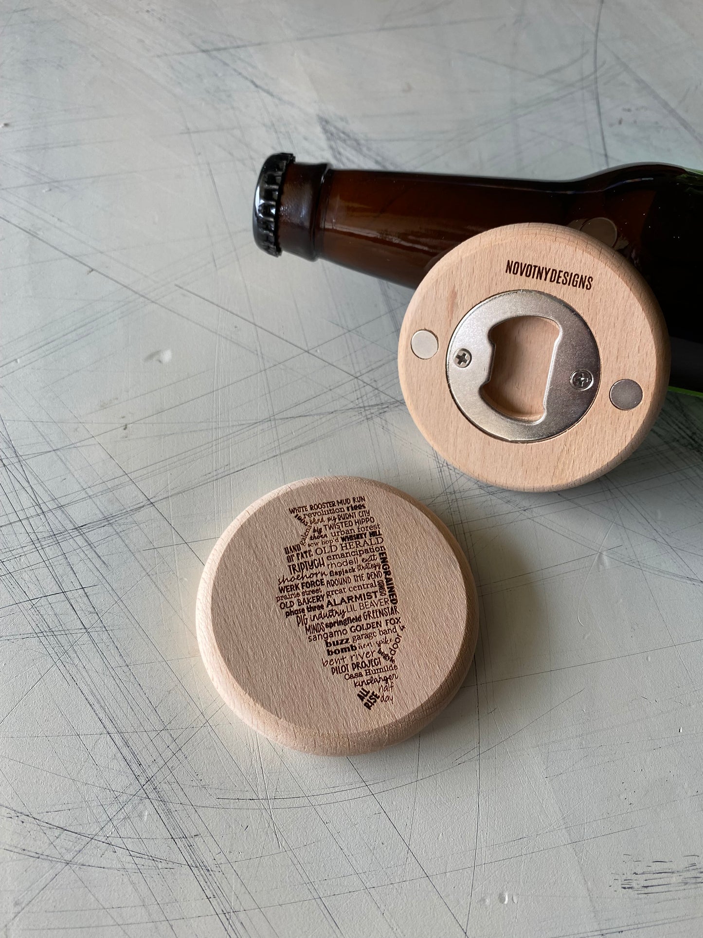 Illinois craft breweries magnetic engraved wood bottle opener - Novotny Designs