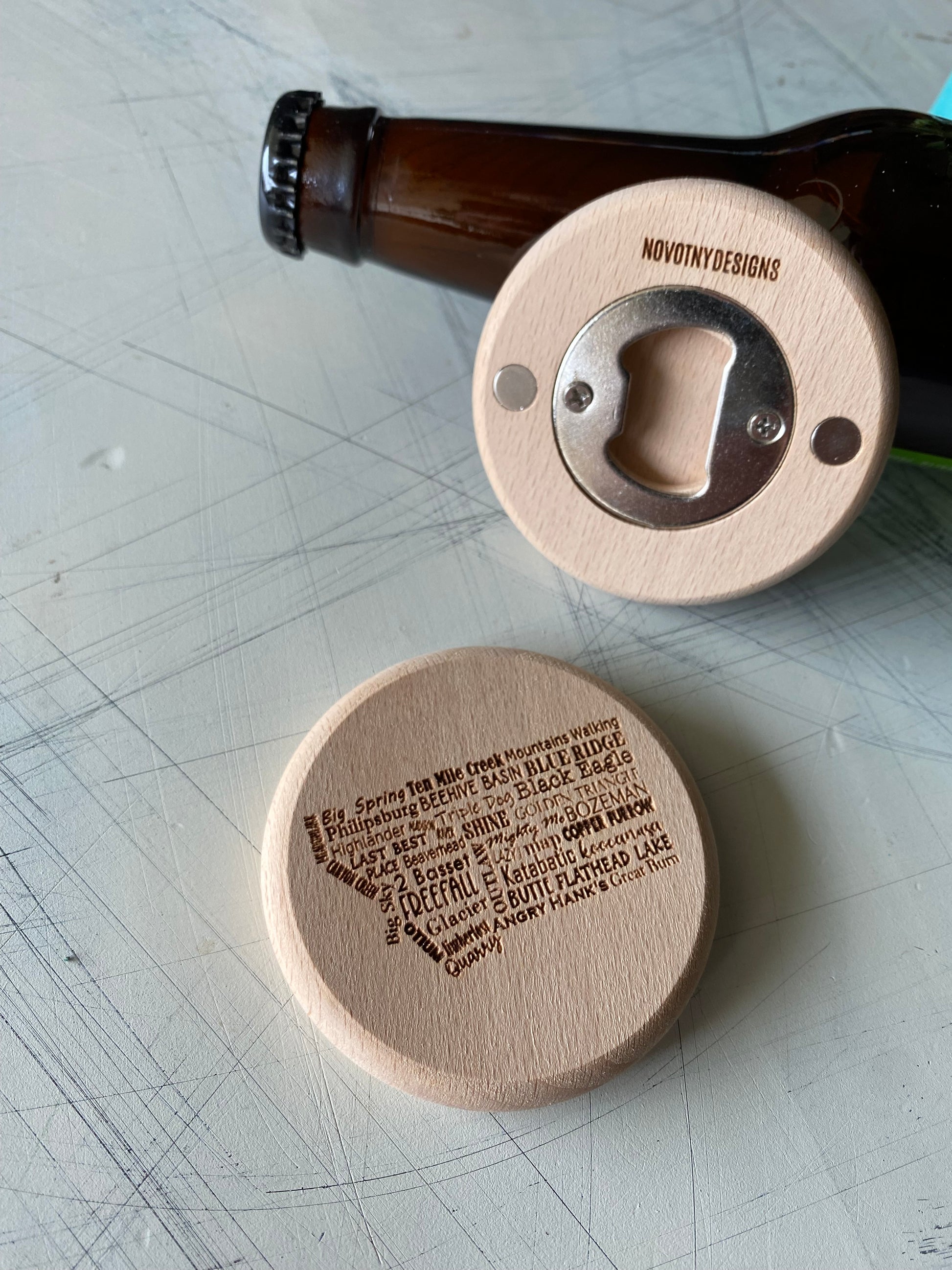 Montana craft breweries magnetic engraved wood bottle opener - Novotny Designs