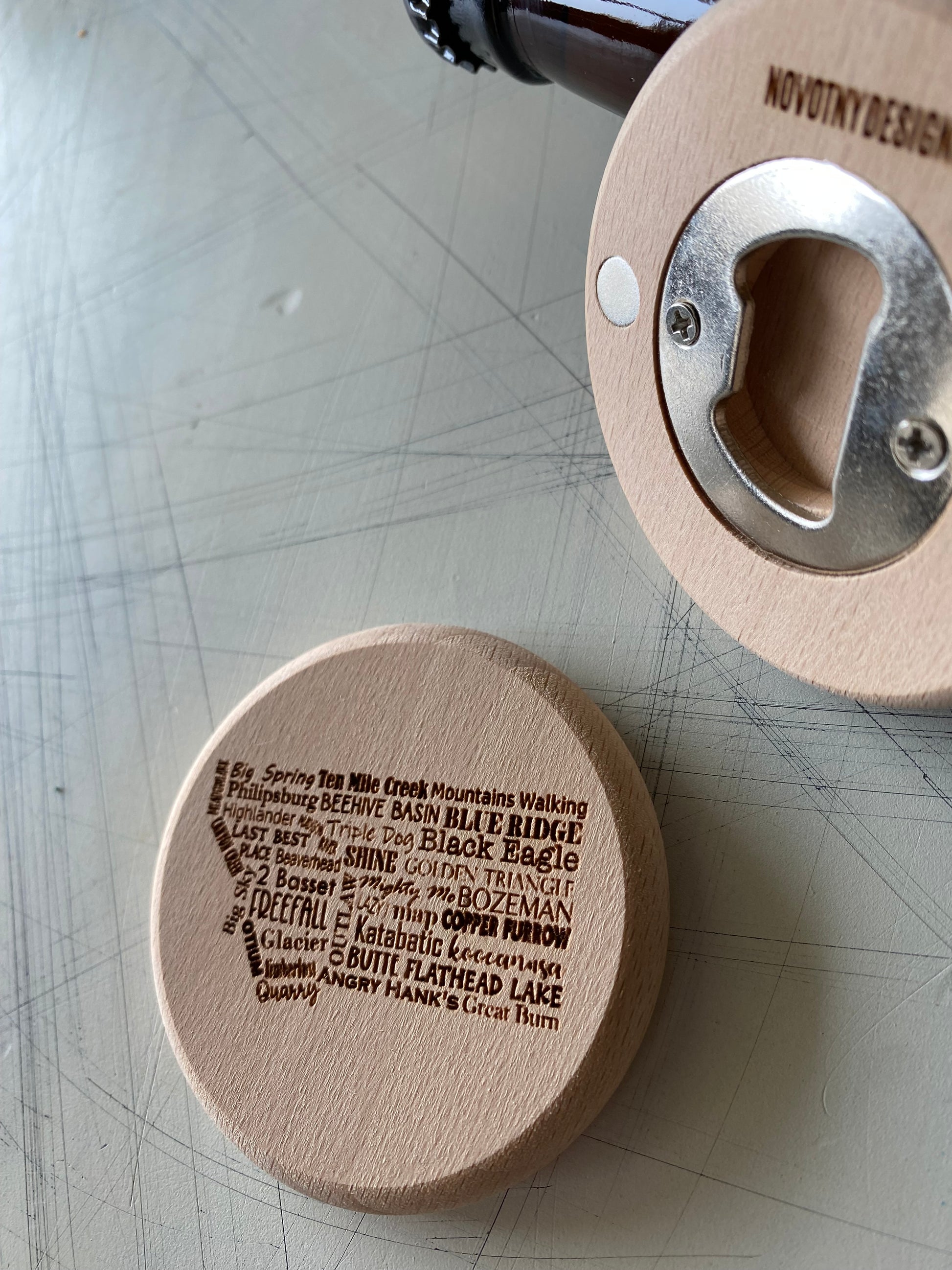 Montana craft breweries magnetic engraved wood bottle opener - Novotny Designs