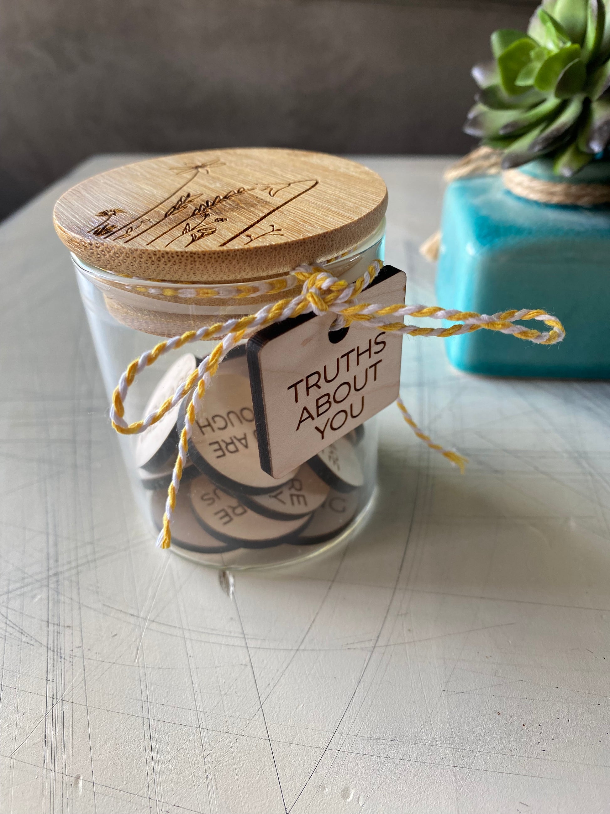 Truths About You positive affirmation token jar - Novotny Designs - set of 15 engraved wood tokens