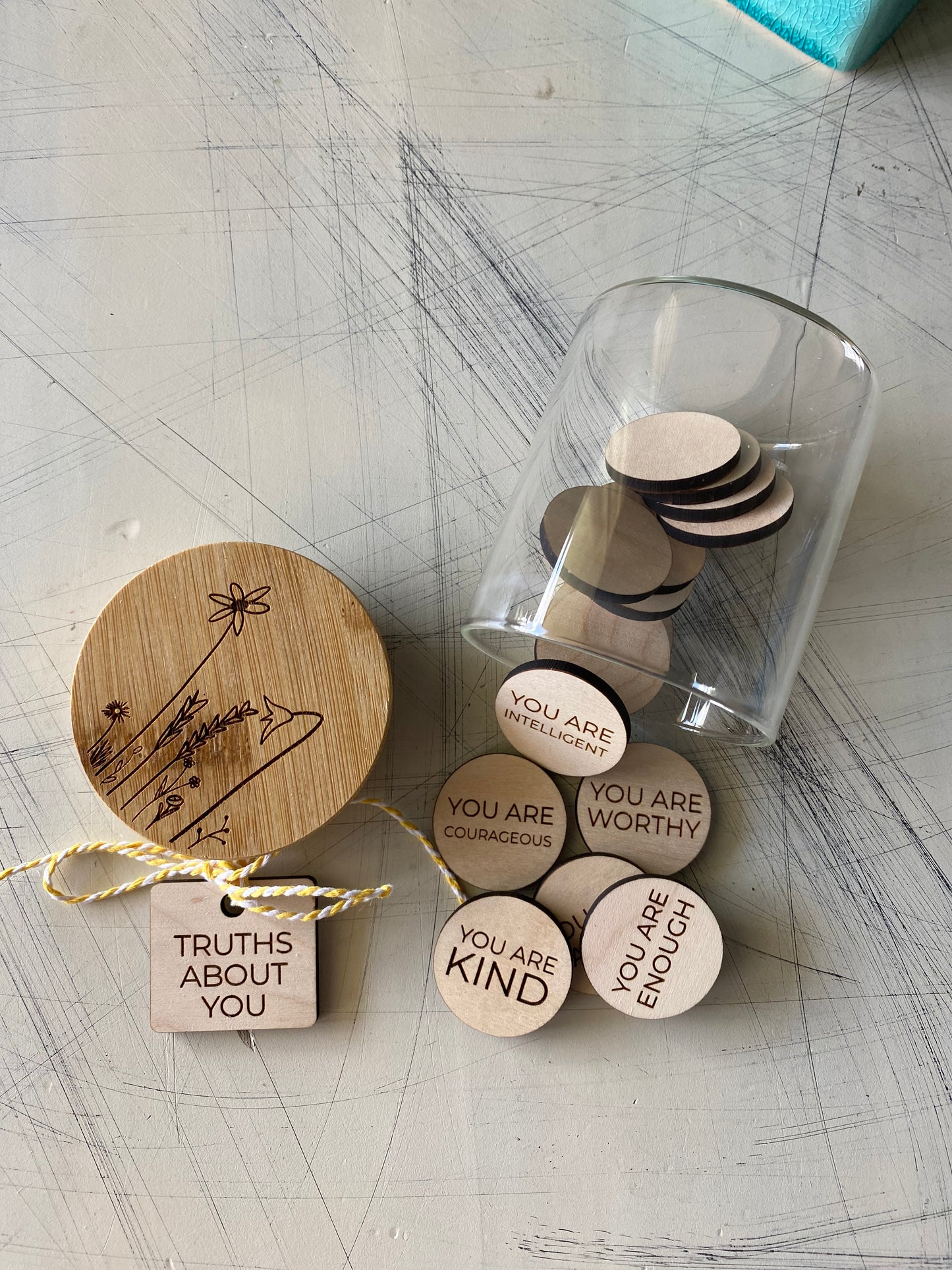 Truths About You positive affirmation token jar - Novotny Designs - set of 15 engraved wood tokens