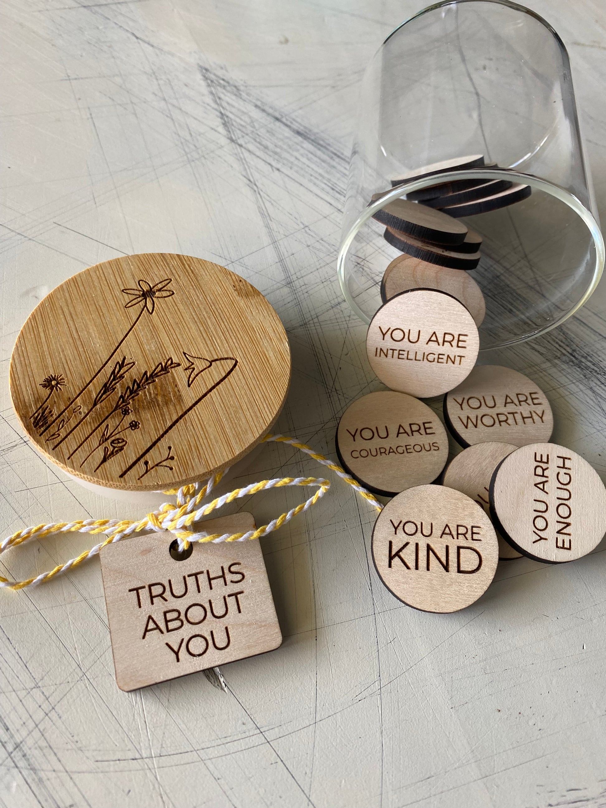 Truths About You positive affirmation token jar - Novotny Designs - set of 15 engraved wood tokens