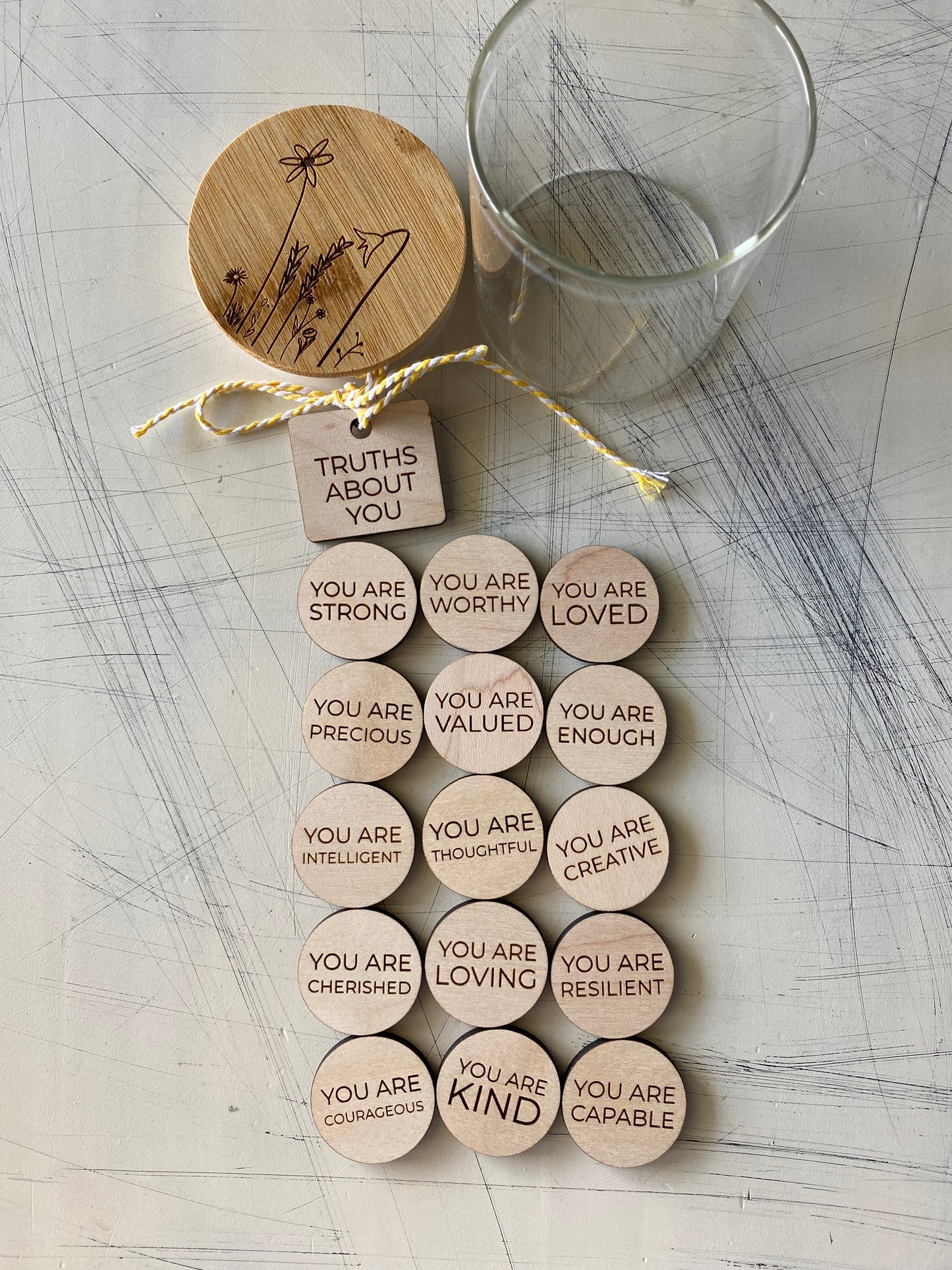 Truths About You positive affirmation token jar - Novotny Designs - set of 15 engraved wood tokens