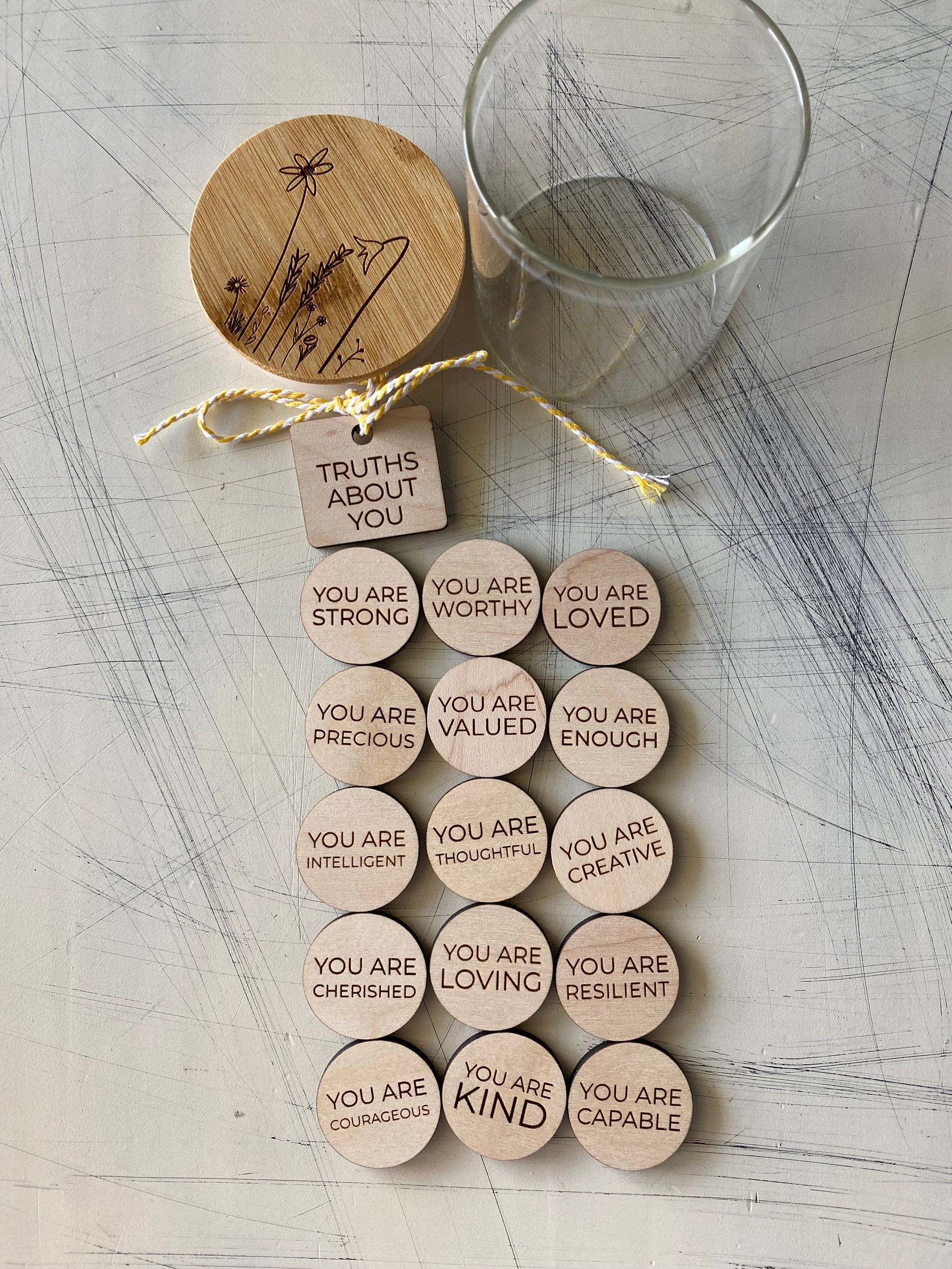 Truths About You positive affirmation token jar - Novotny Designs - set of 15 engraved wood tokens