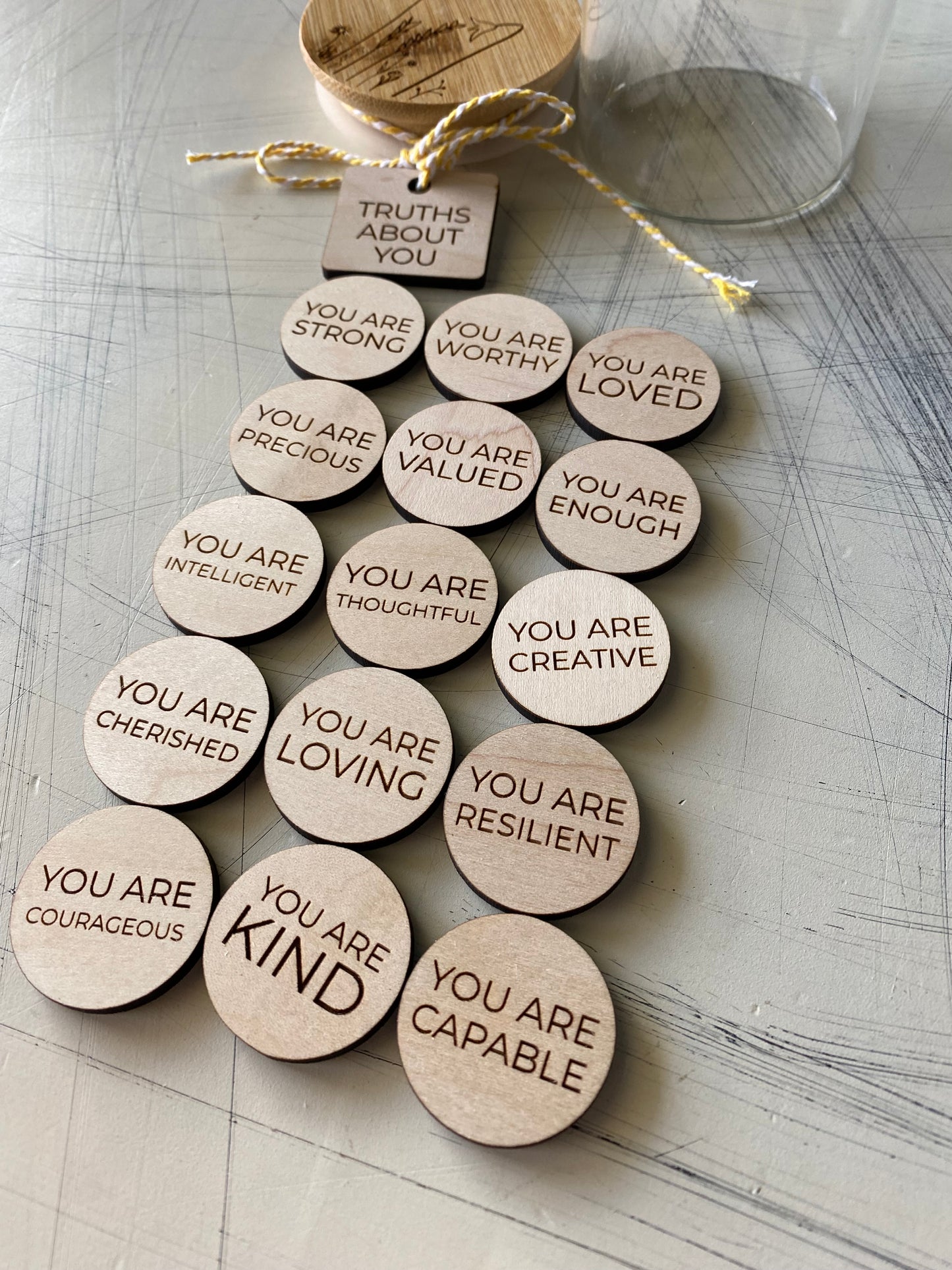 Truths About You positive affirmation token jar - Novotny Designs - set of 15 engraved wood tokens