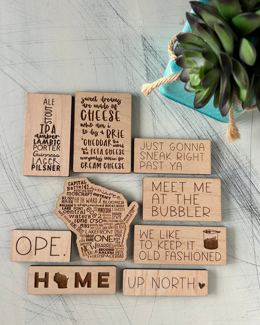 Novotny Designs Wisconsin themed maple wood refrigerator magnet set of 9