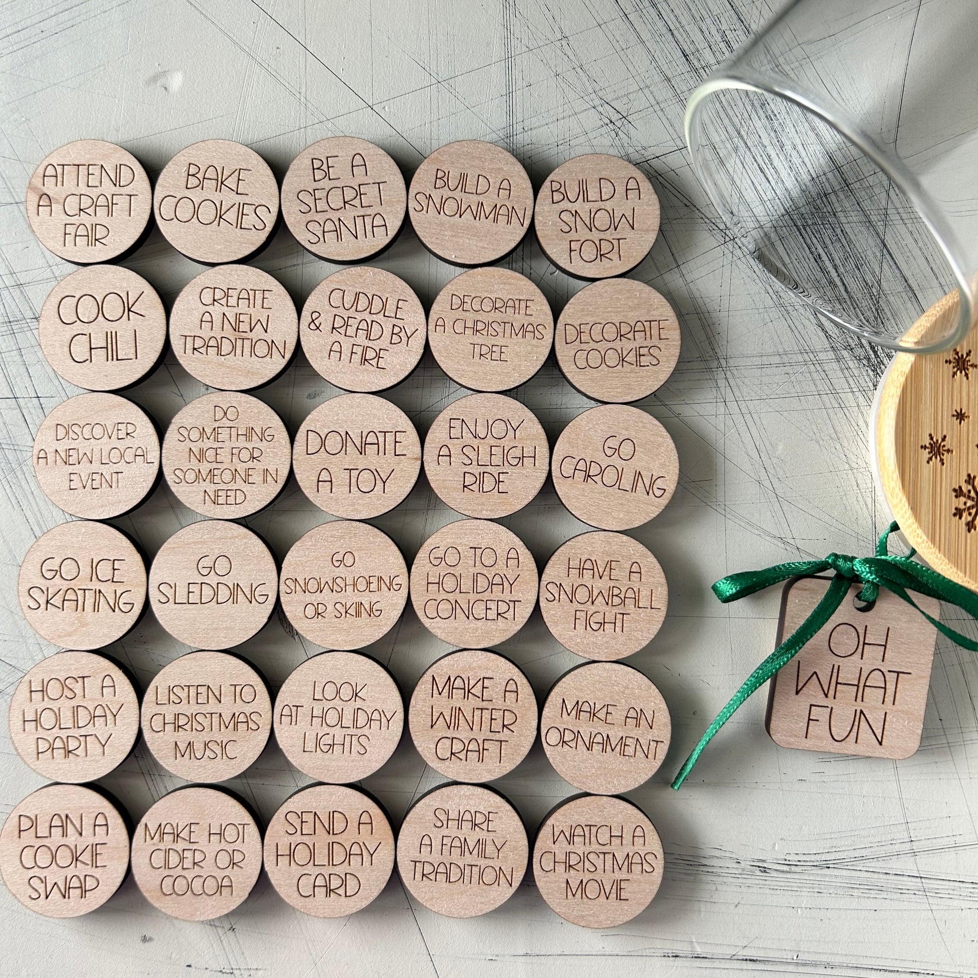 Holiday family fun - winter activity token jar by Novotny Designs includes 30 wood tokens