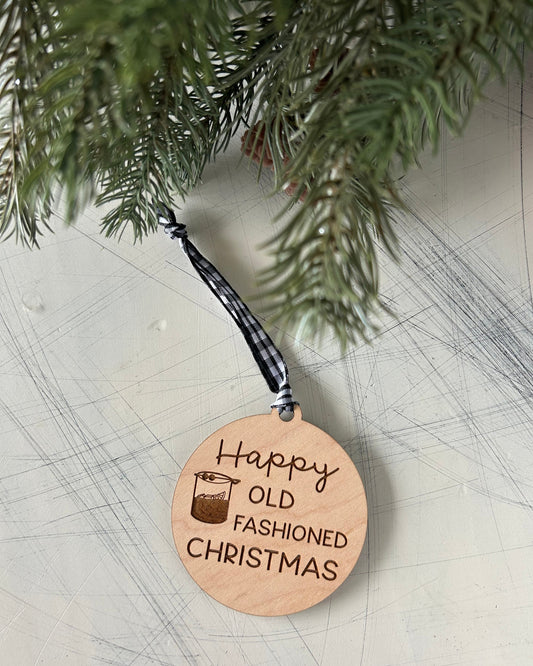 Happy Old Fashioned Christmas maple ornament with original doodle by Novotny Designs
