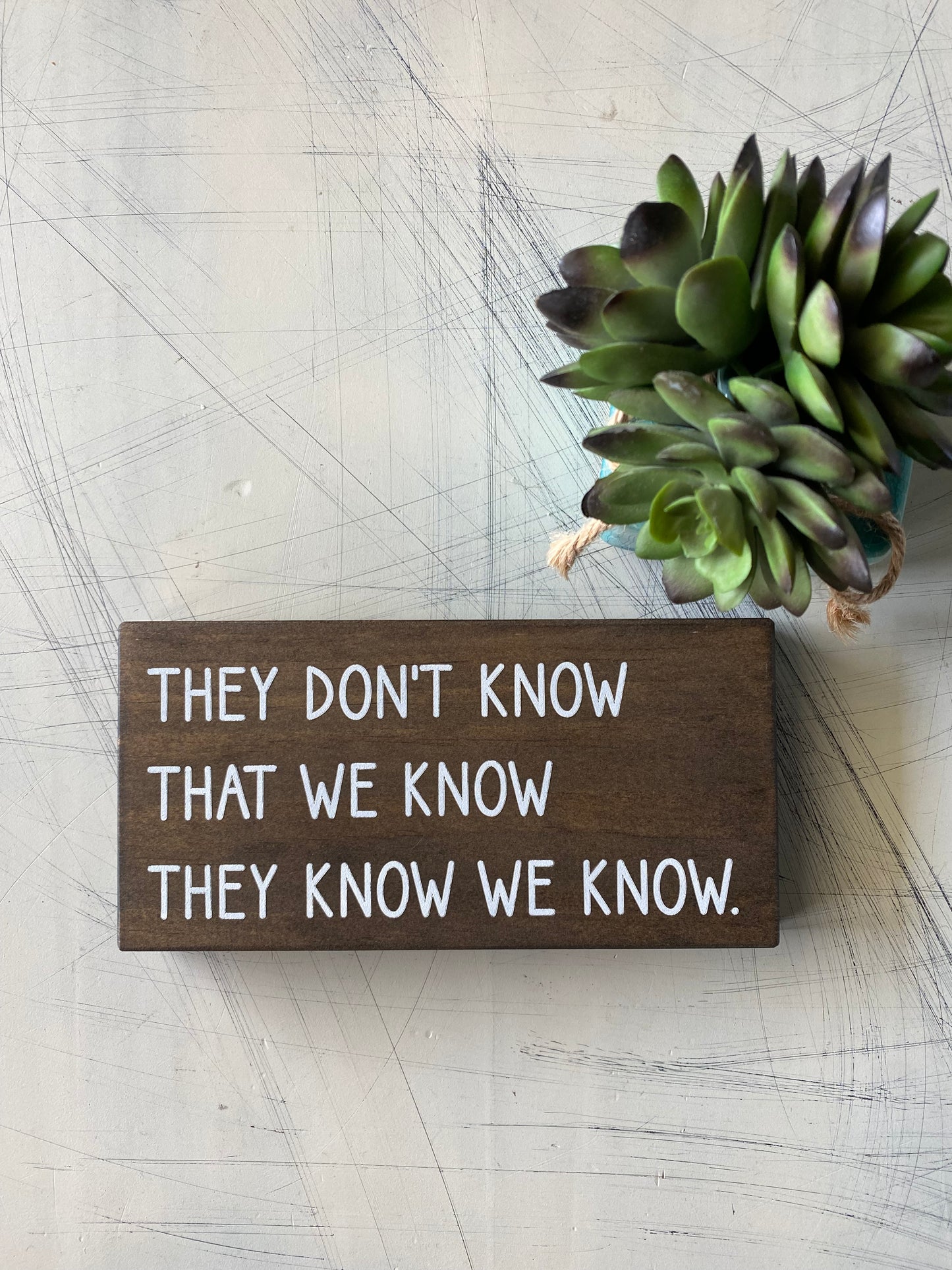 They don't know that we know they know we know. - Novotny Designs - handmade mini wood sign