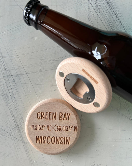 Customized city coordinates wood bottle opener by Novotny Designs