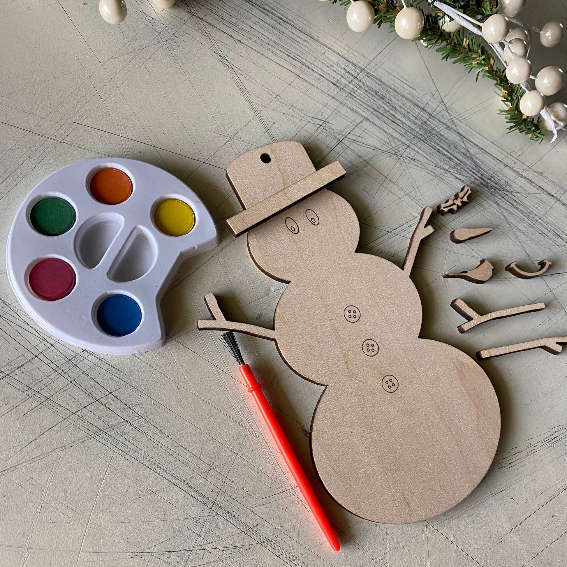 Build your own snowman ornament watercolor craft kit - Novotny Designs - peel and stick paint kit