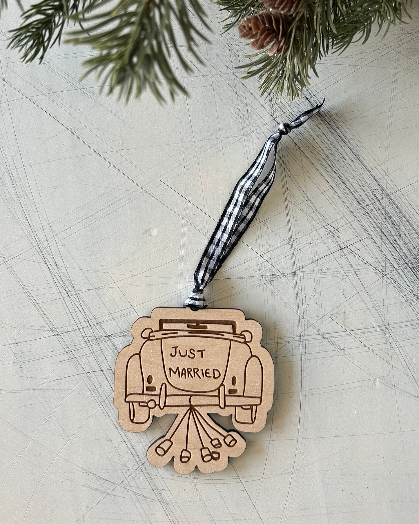 Just Married engraved maple vintage car ornament by Novotny Designs 